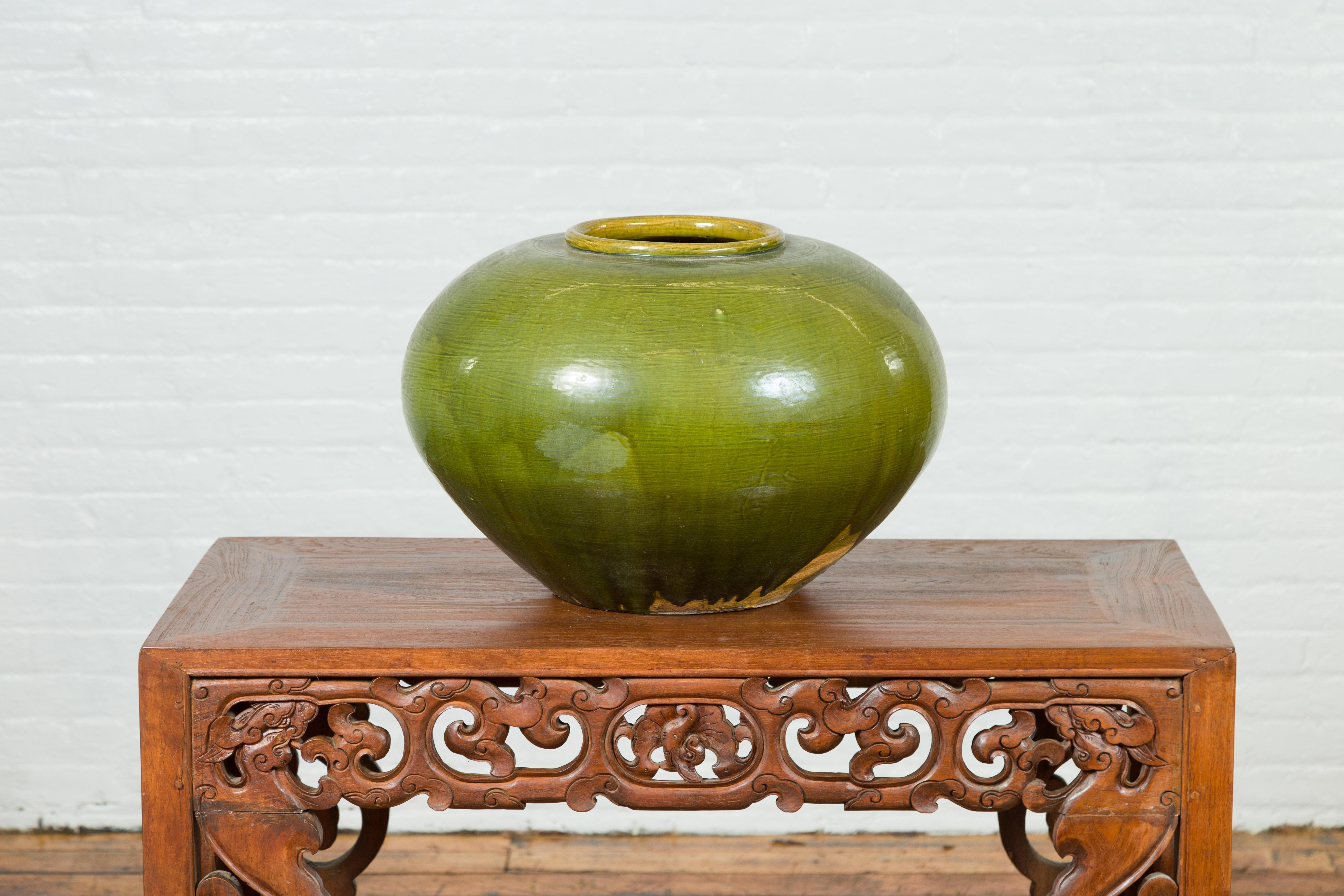 Chinese Contemporary Olive Green Circular Urn with Porcelain Glaze For Sale 6