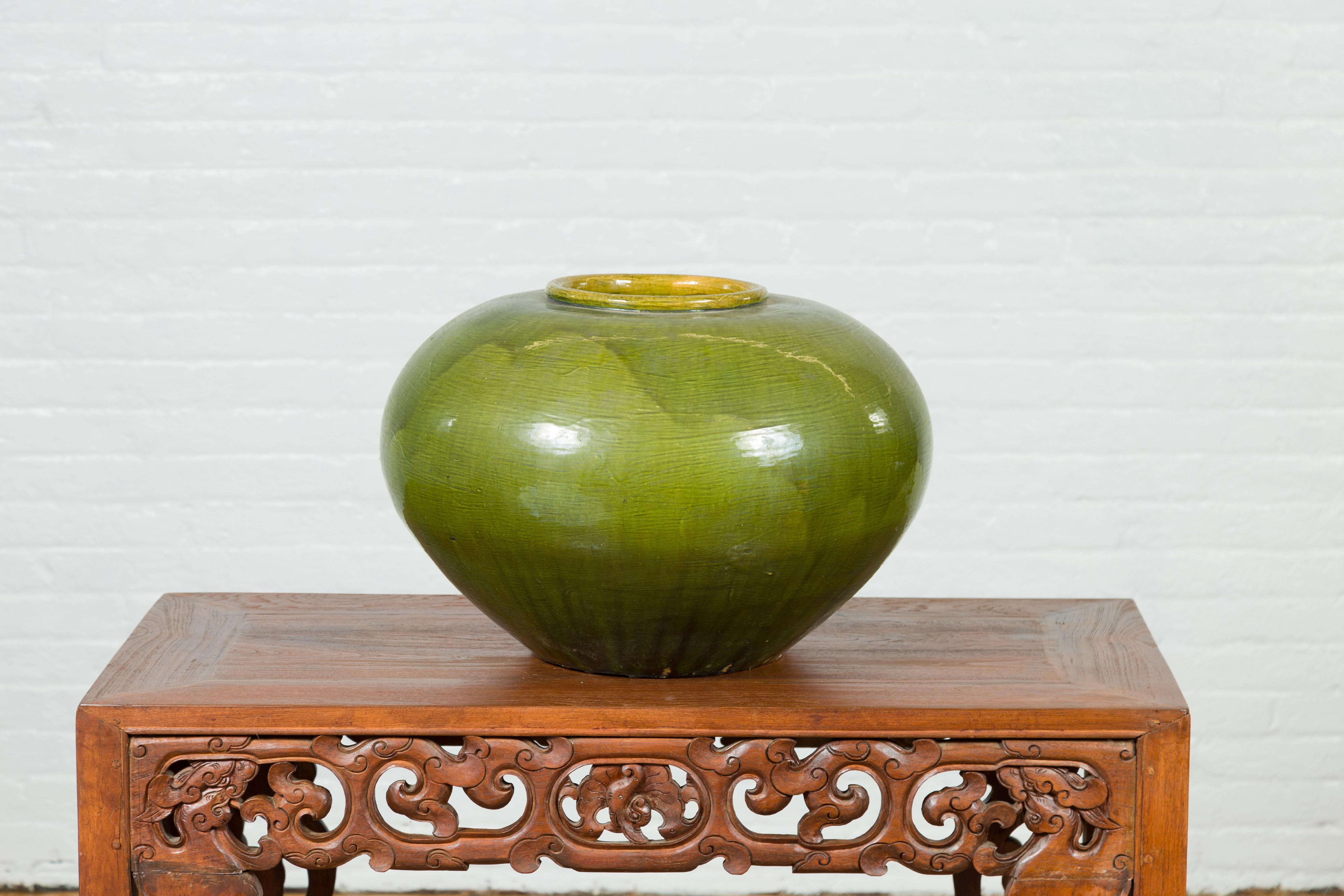 Chinese Contemporary Olive Green Circular Urn with Porcelain Glaze For Sale 7