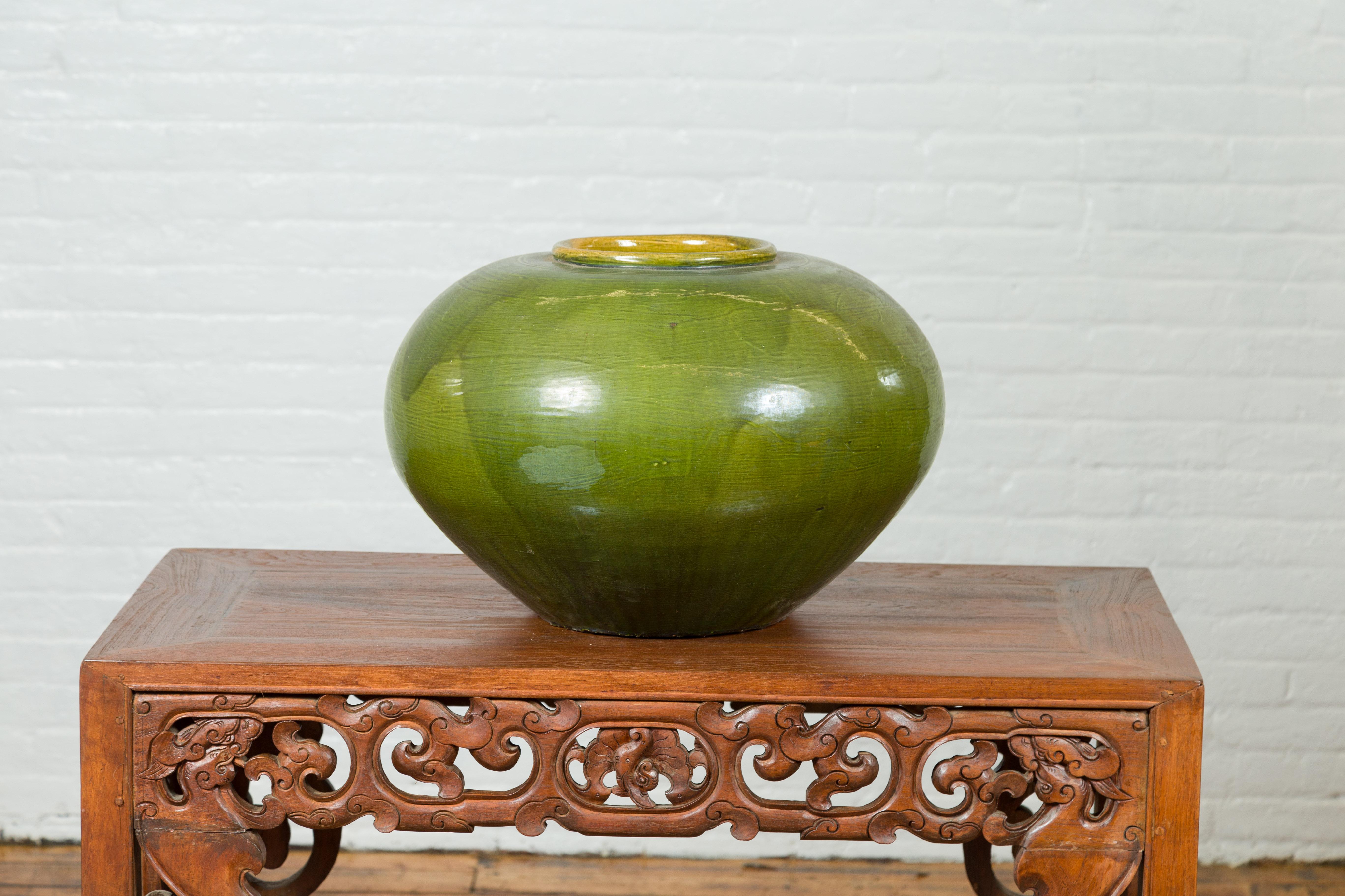Olive Green Porcelain Glaze Circular Urn with Darker Green Accents For Sale 6