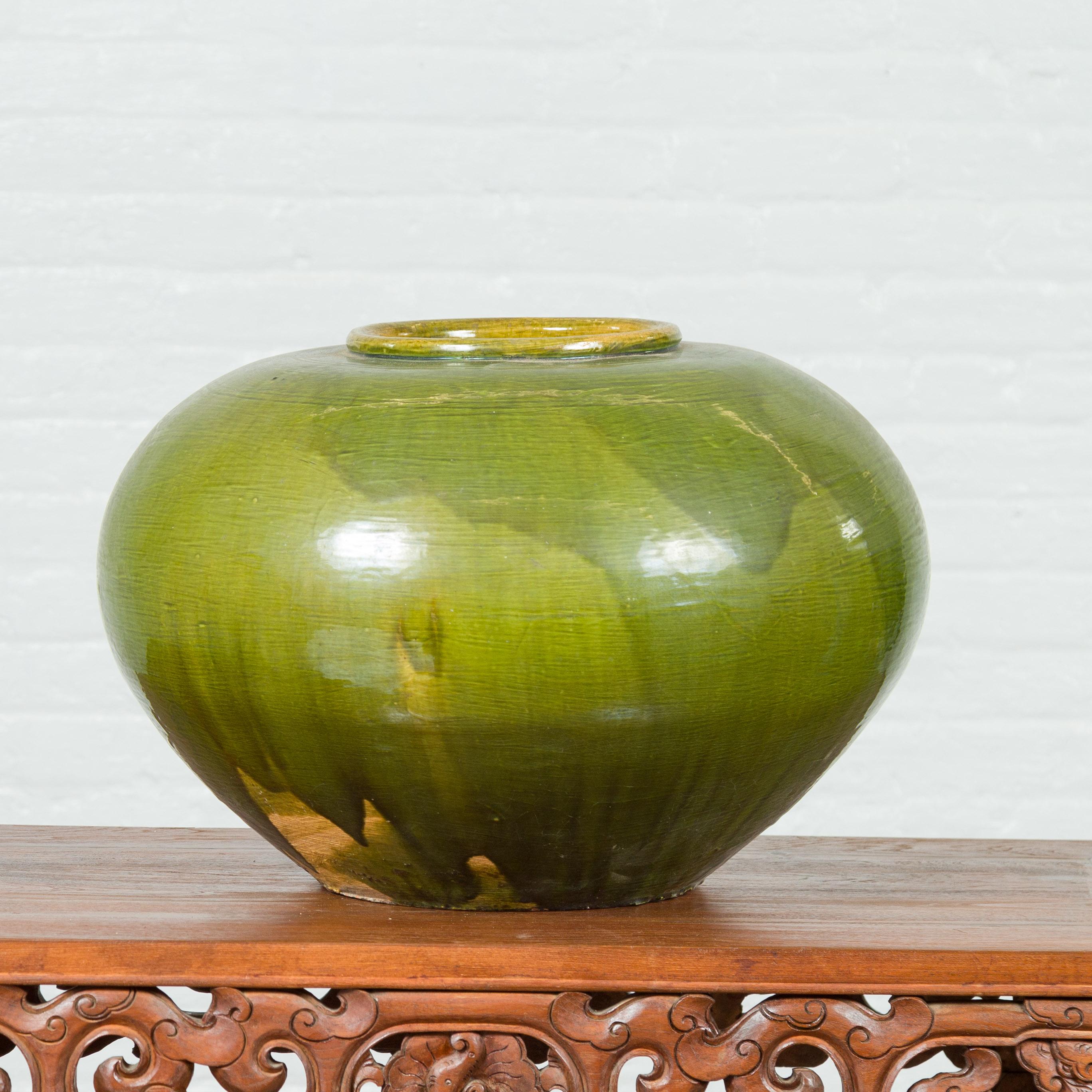 Chinese Contemporary Olive Green Circular Urn with Porcelain Glaze For Sale 9