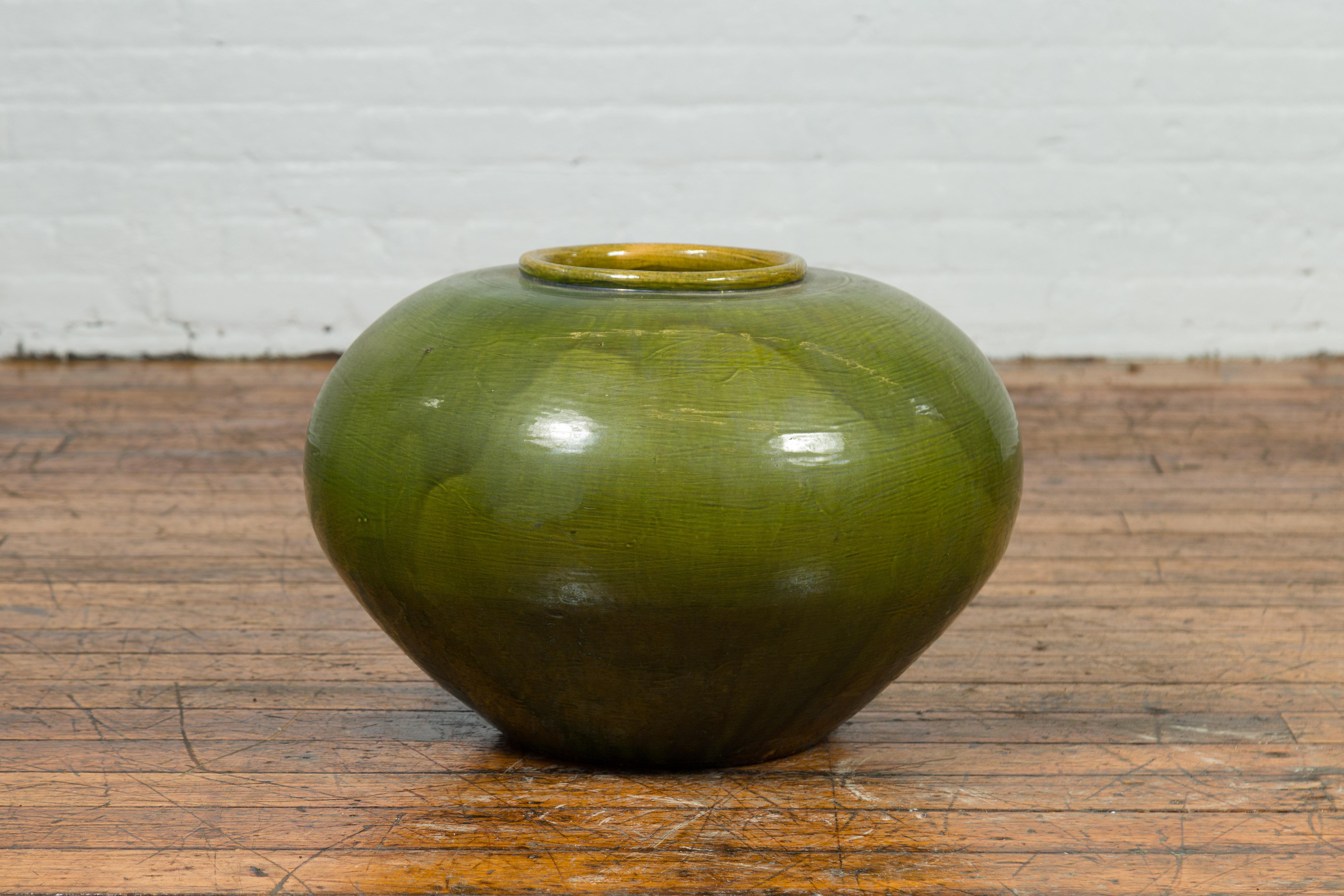 Glazed Chinese Contemporary Olive Green Circular Urn with Porcelain Glaze For Sale