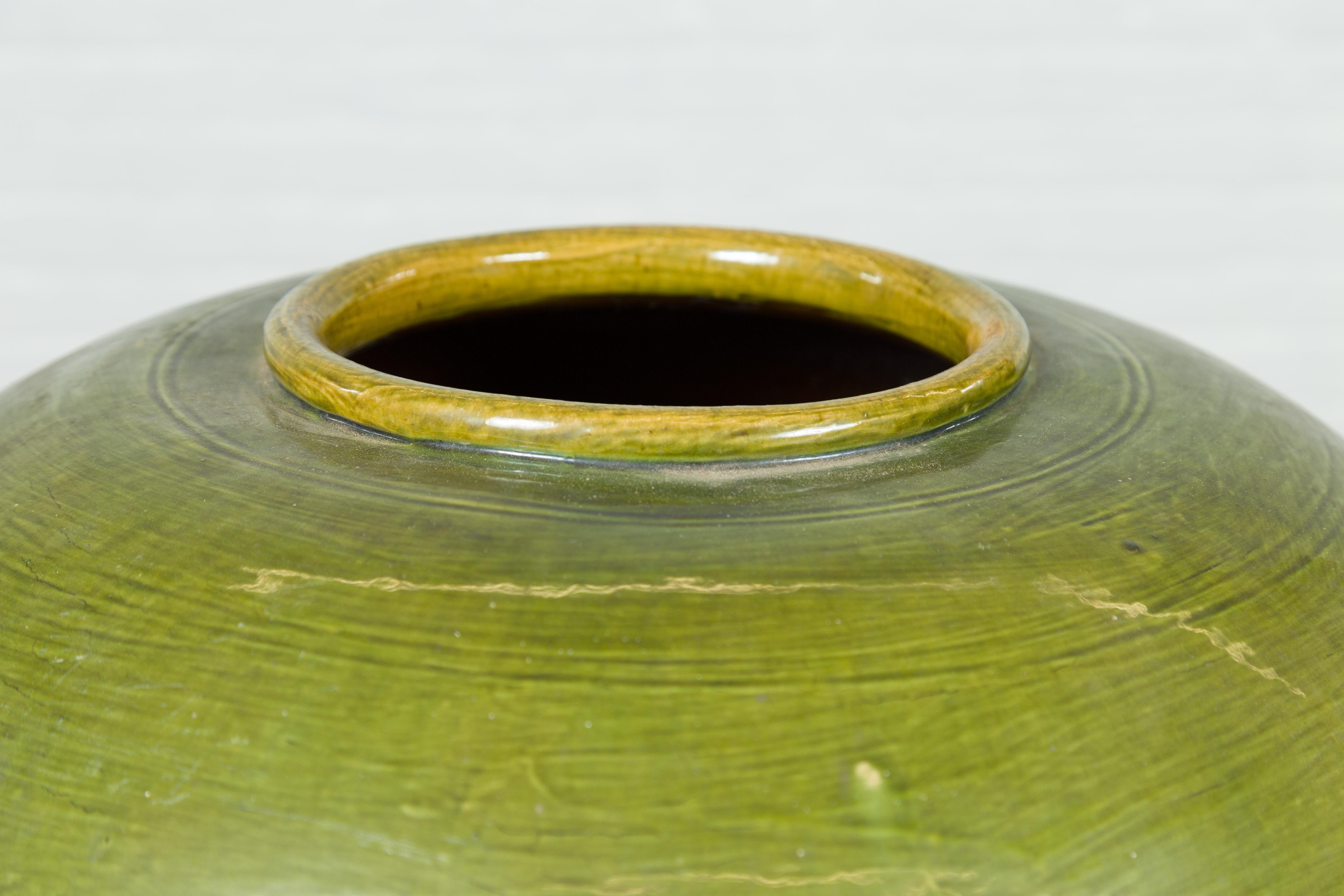 20th Century Olive Green Porcelain Glaze Circular Urn with Darker Green Accents For Sale
