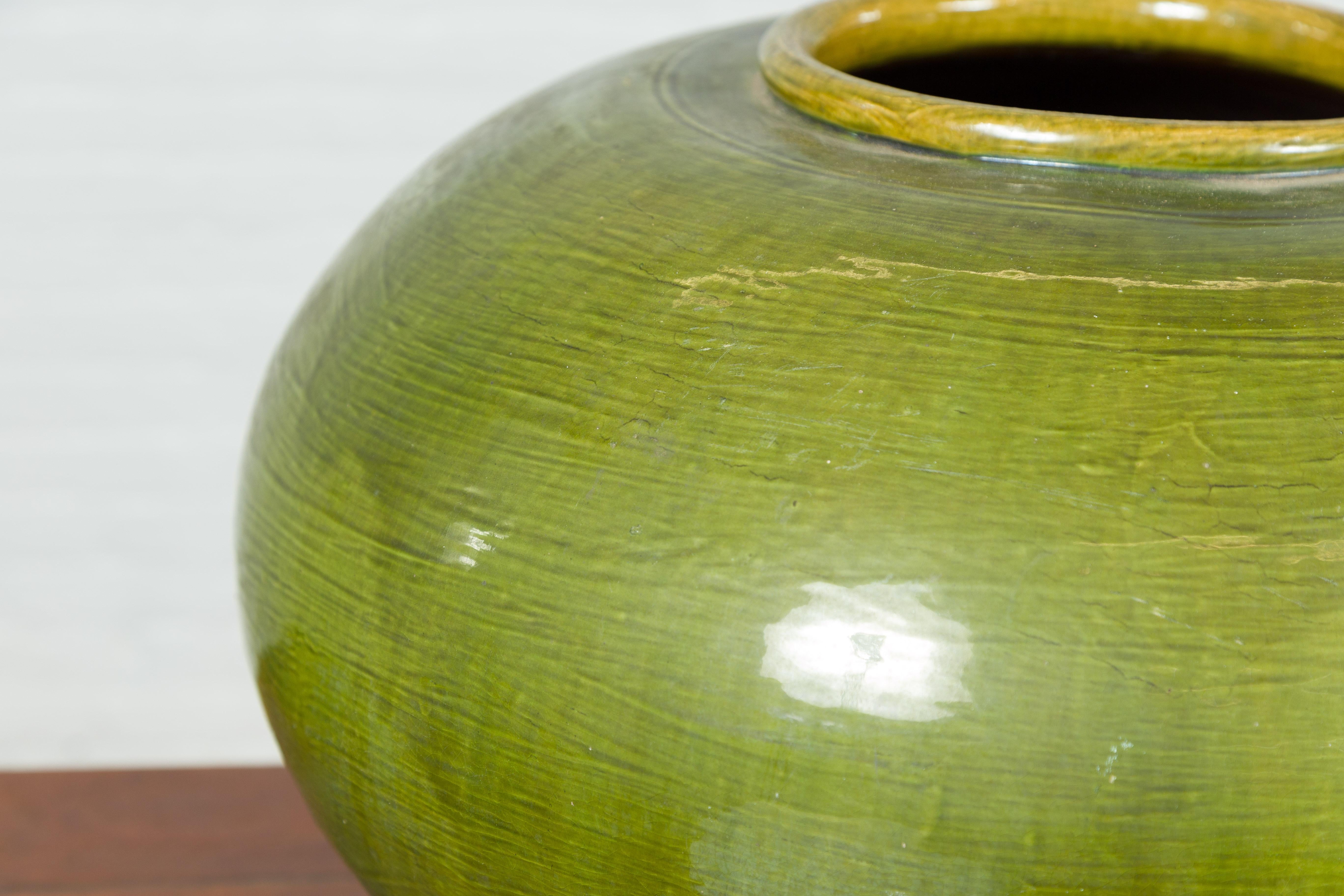 Chinese Contemporary Olive Green Circular Urn with Porcelain Glaze For Sale 3
