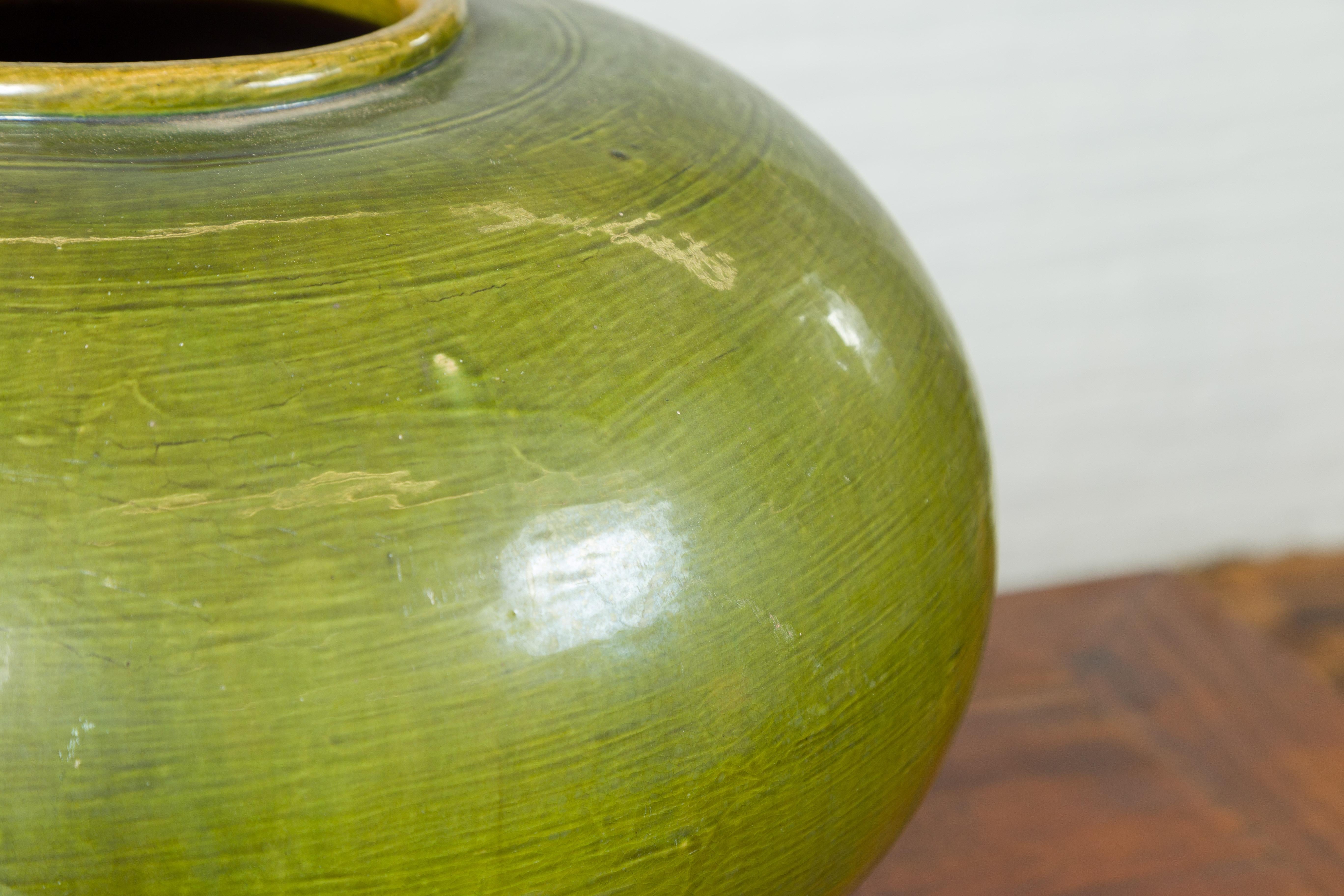 Chinese Contemporary Olive Green Circular Urn with Porcelain Glaze For Sale 4