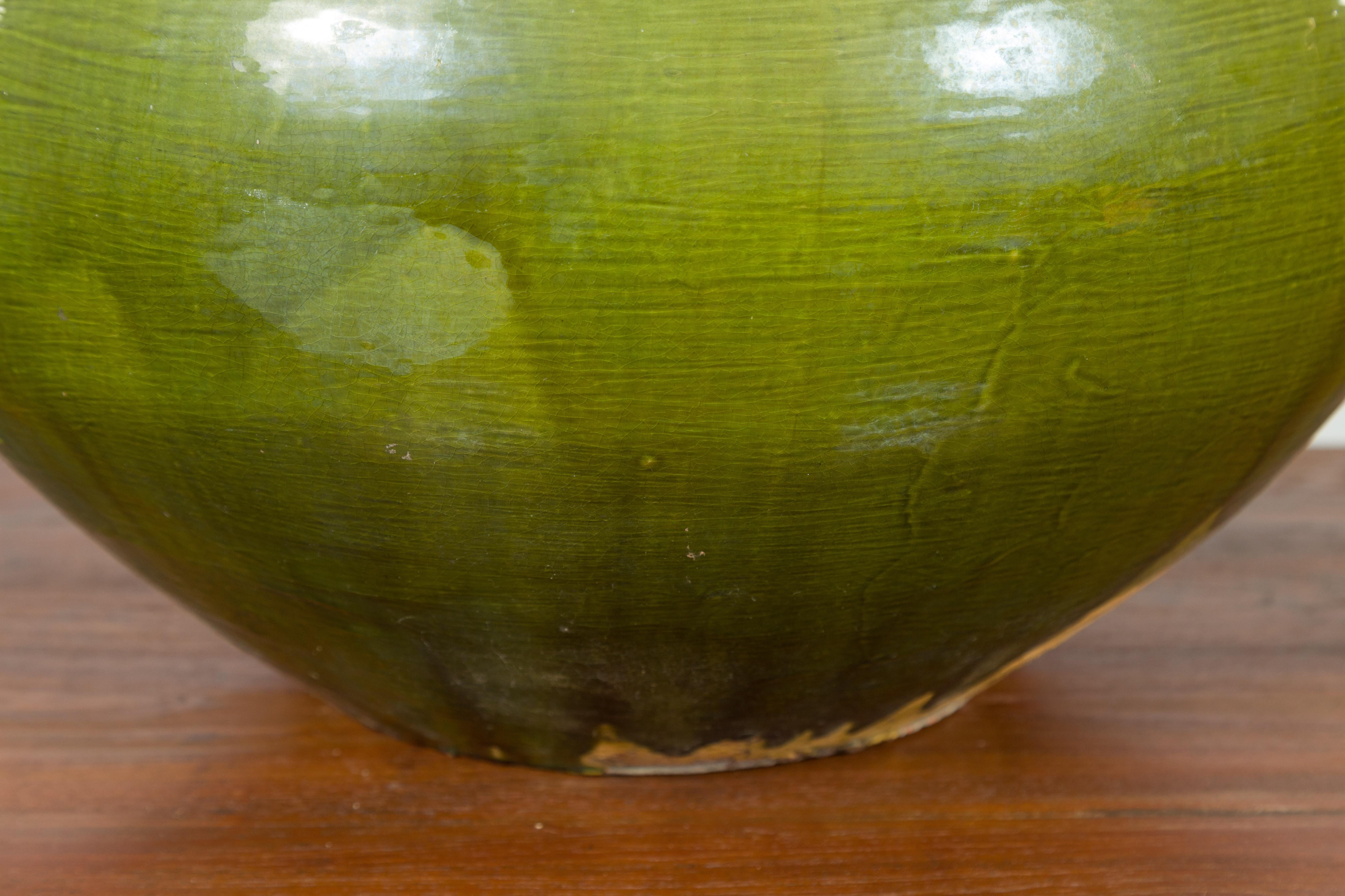 Chinese Contemporary Olive Green Circular Urn with Porcelain Glaze For Sale 5