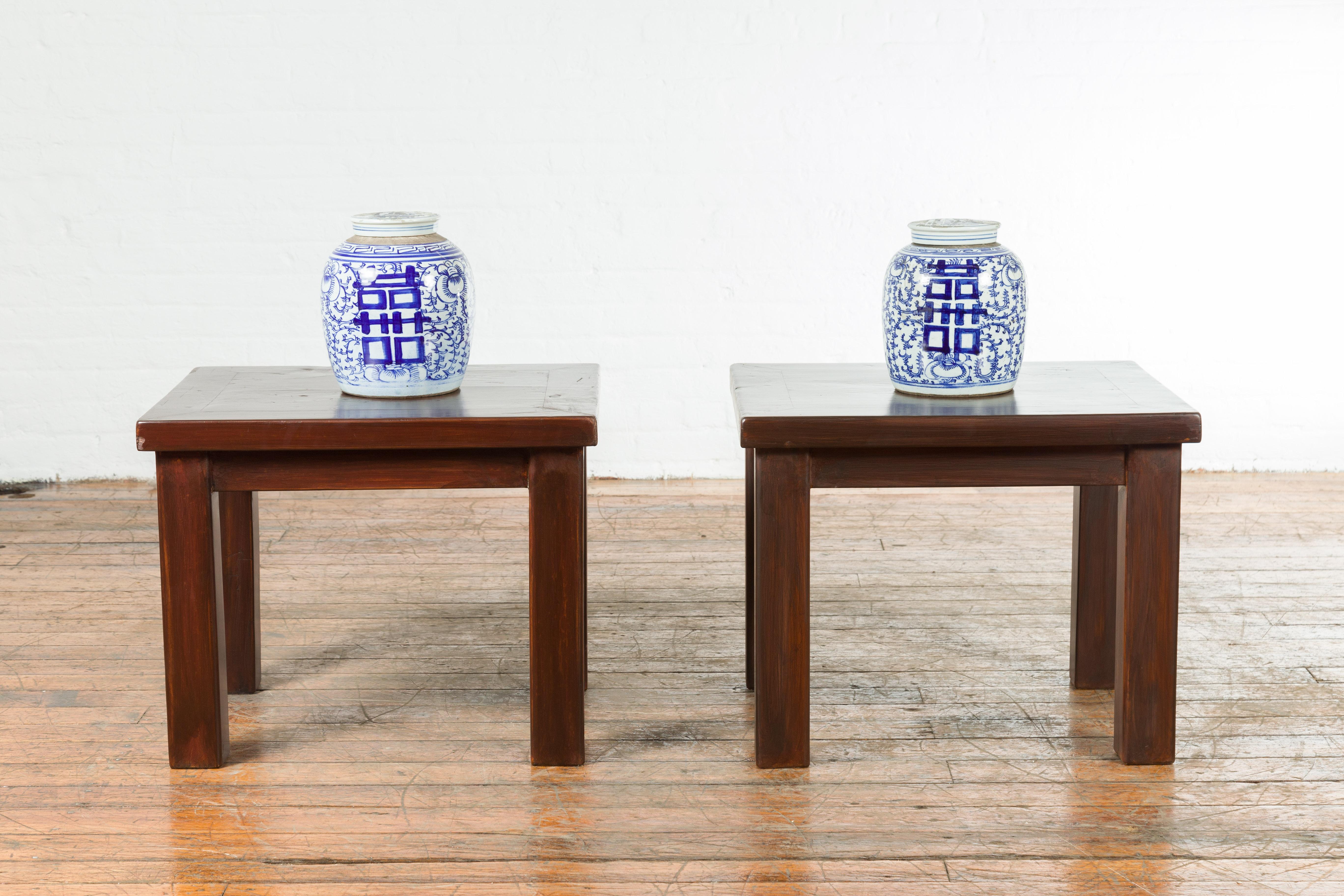 Chinese Contemporary Side Tables with Straight Legs and Dark Patina, Sold Each In Good Condition For Sale In Yonkers, NY