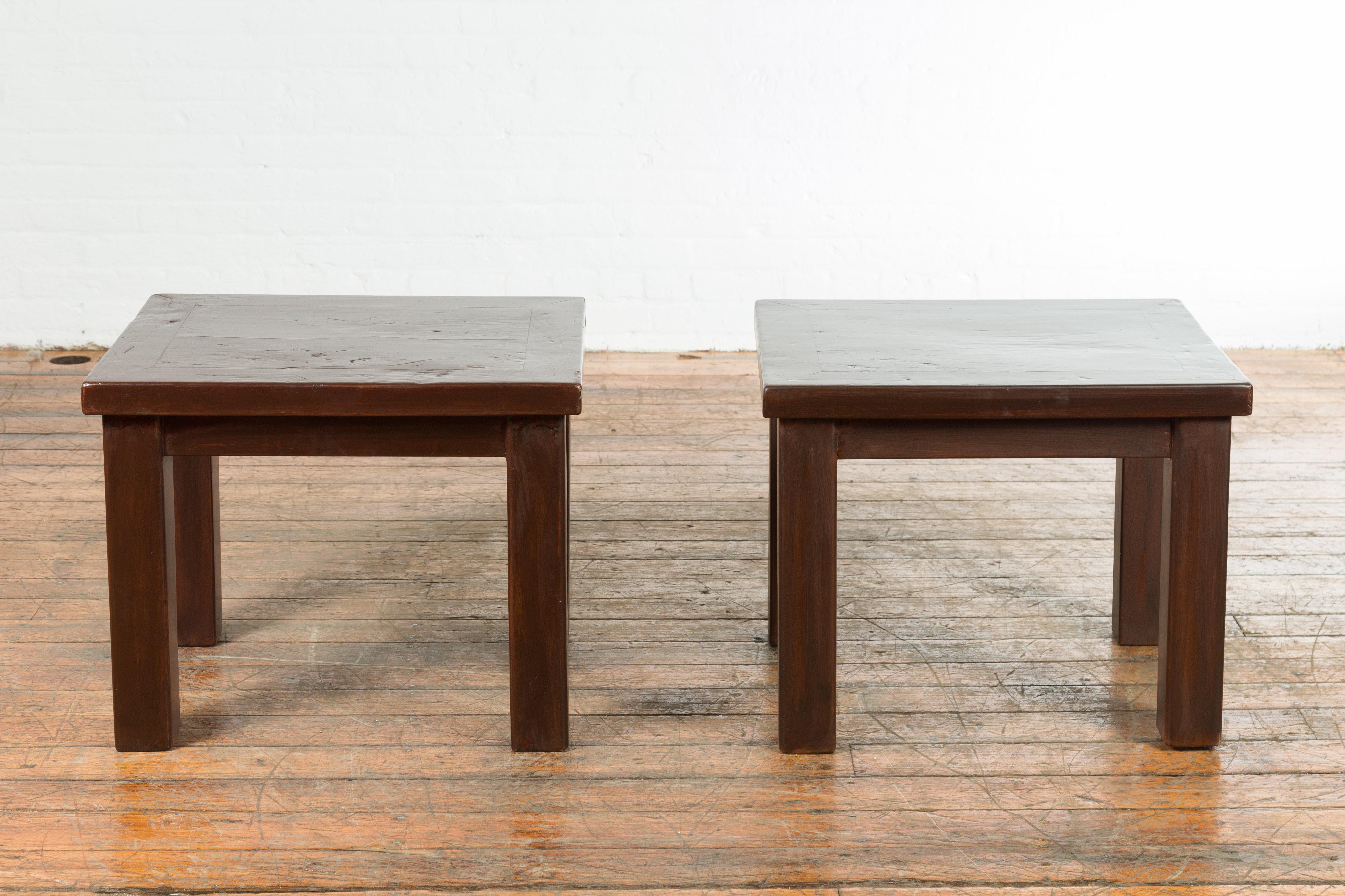 Wood Chinese Contemporary Side Tables with Straight Legs and Dark Patina, Sold Each For Sale