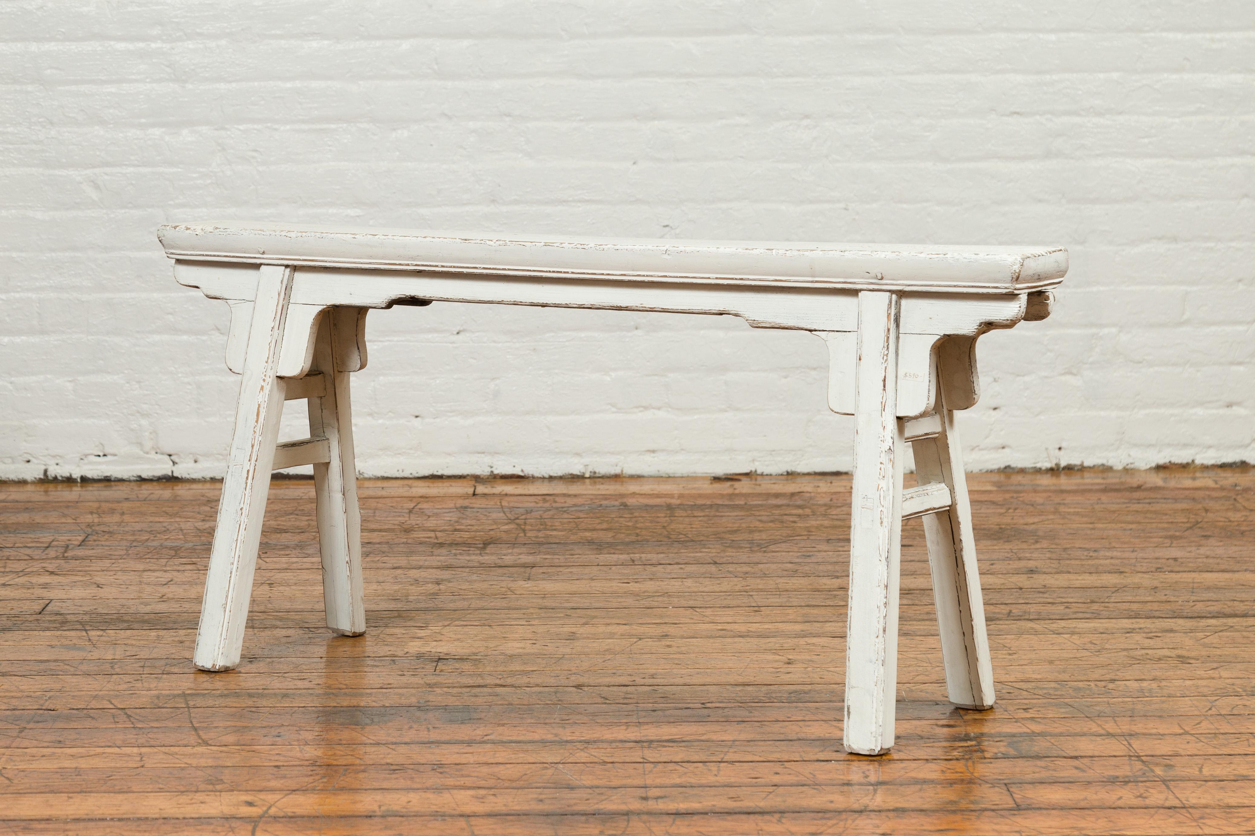 Chinese Contemporary White Painted Wooden Ming Style Bench with A-Form Base For Sale 5