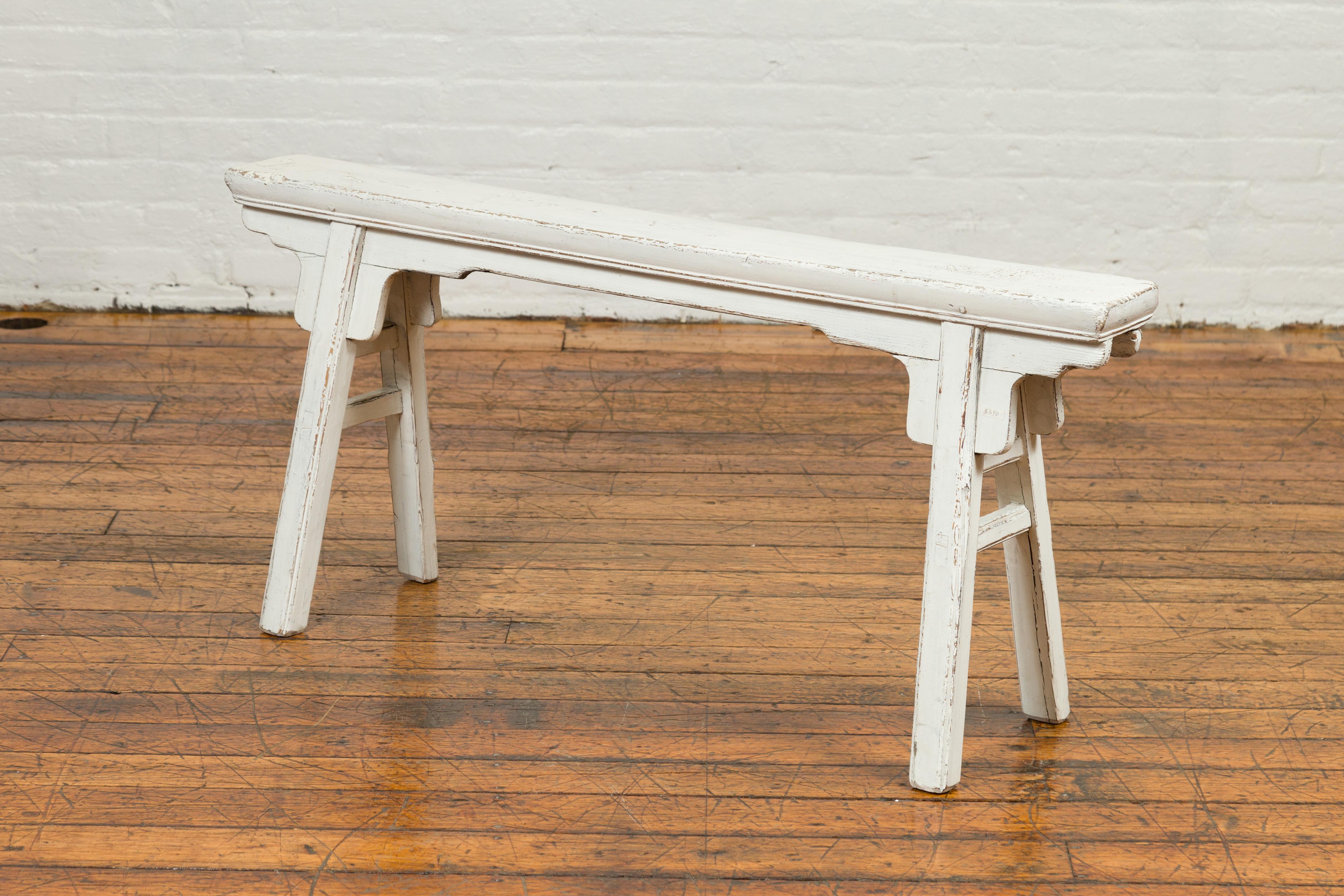 Chinese Contemporary White Painted Wooden Ming Style Bench with A-Form Base For Sale 6