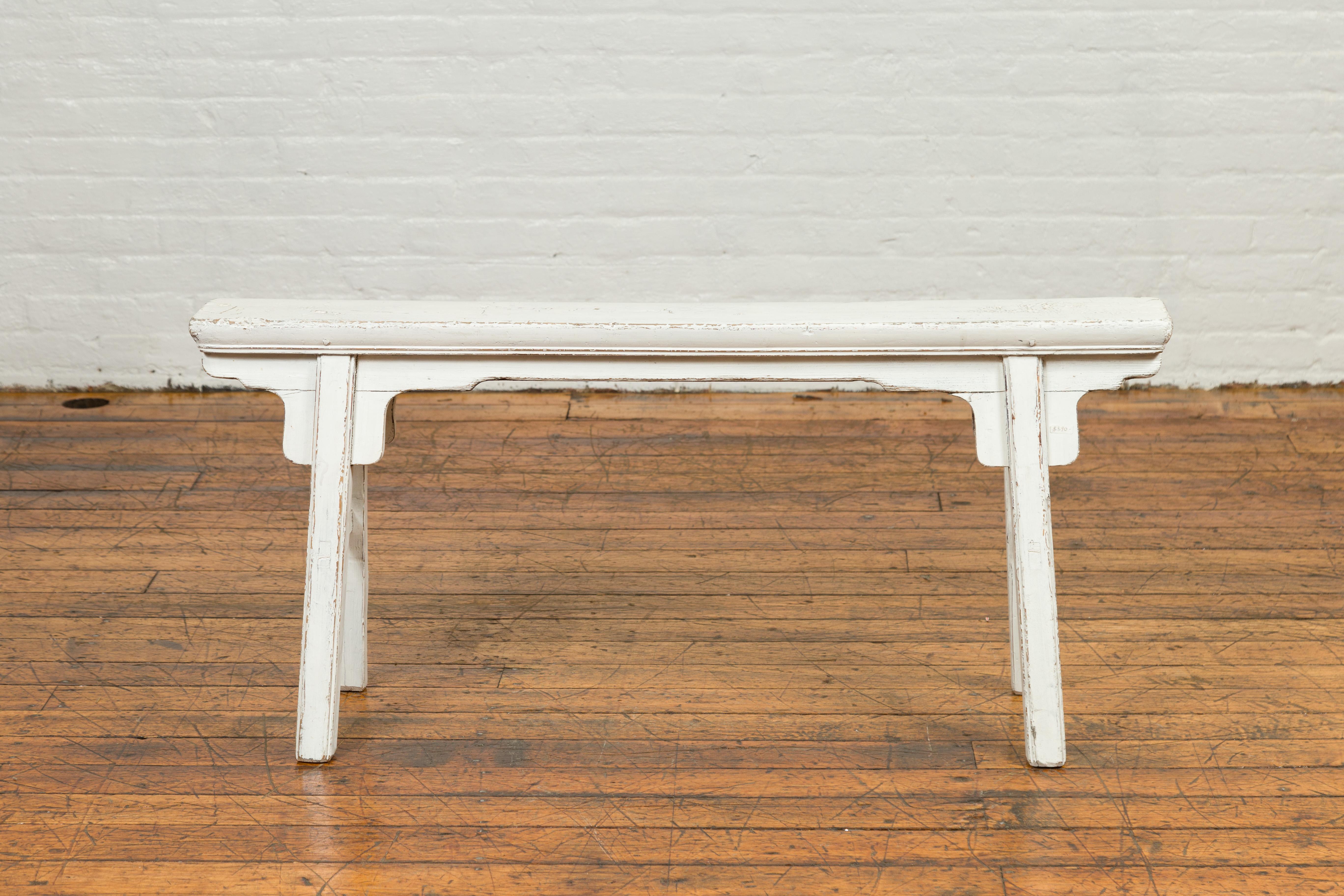 Chinese Contemporary White Painted Wooden Ming Style Bench with A-Form Base For Sale 7