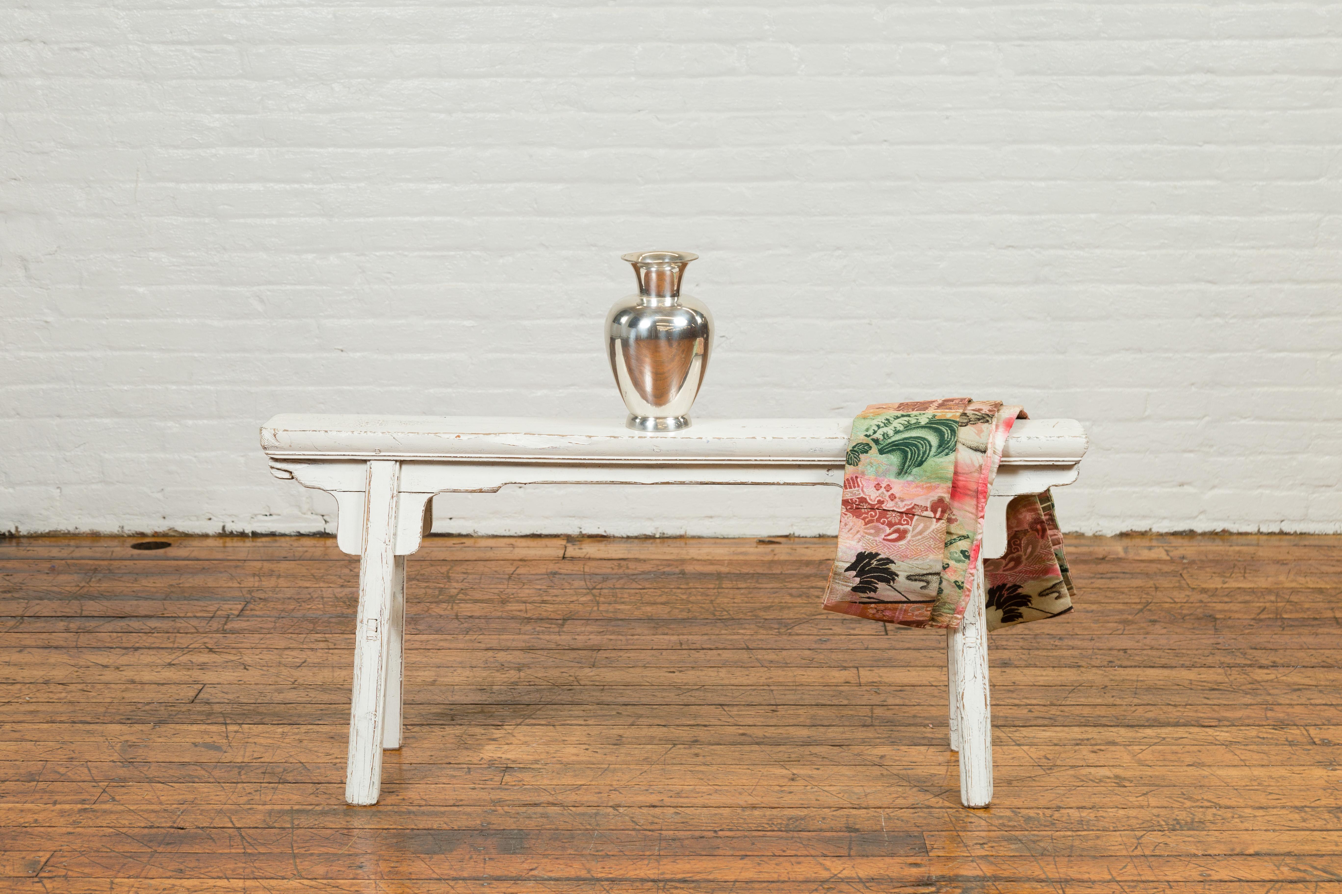 Carved Chinese Contemporary White Painted Wooden Ming Style Bench with A-Form Base For Sale