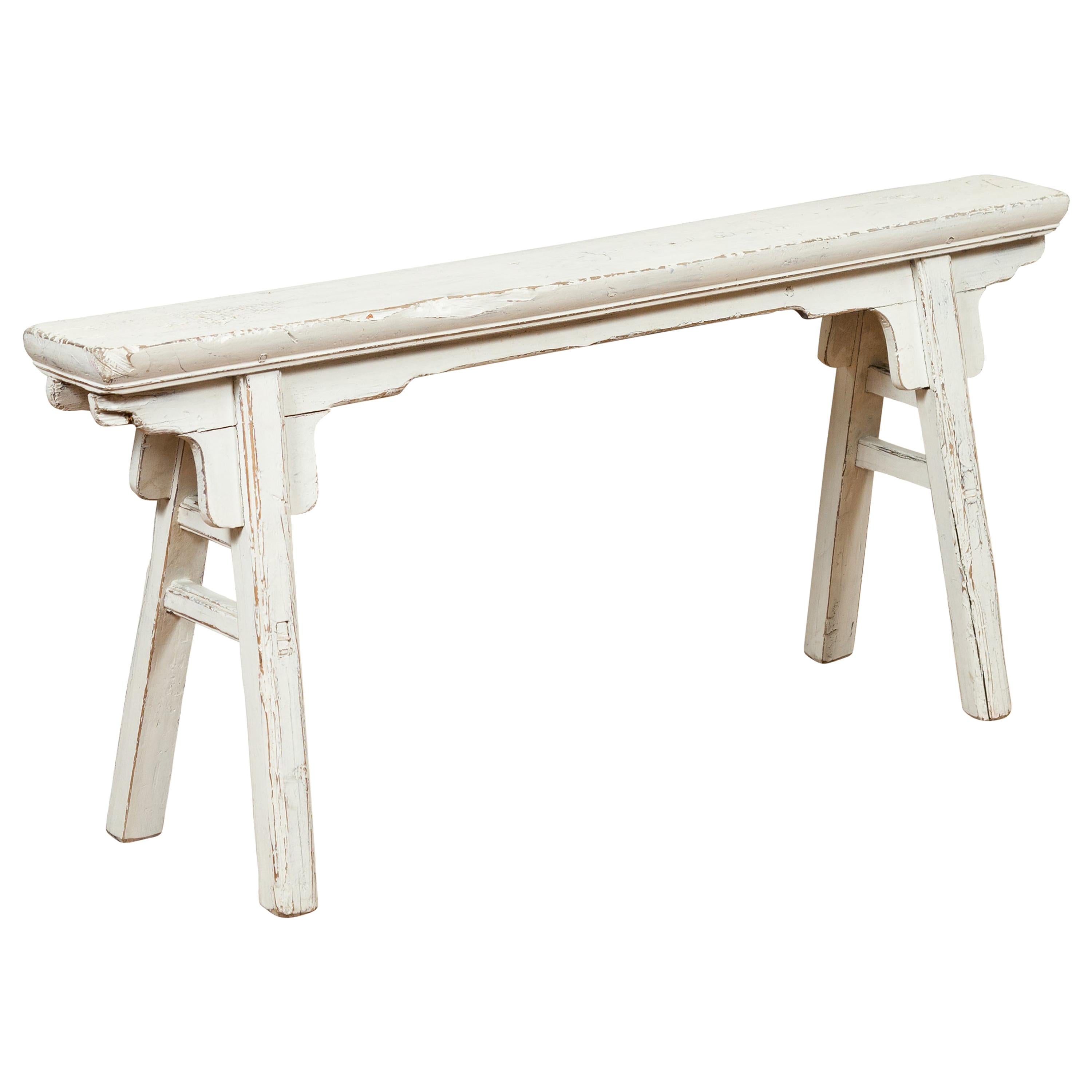 Chinesische Contemporary White Painted Wooden Ming Style Bench mit A-Form Base im Angebot