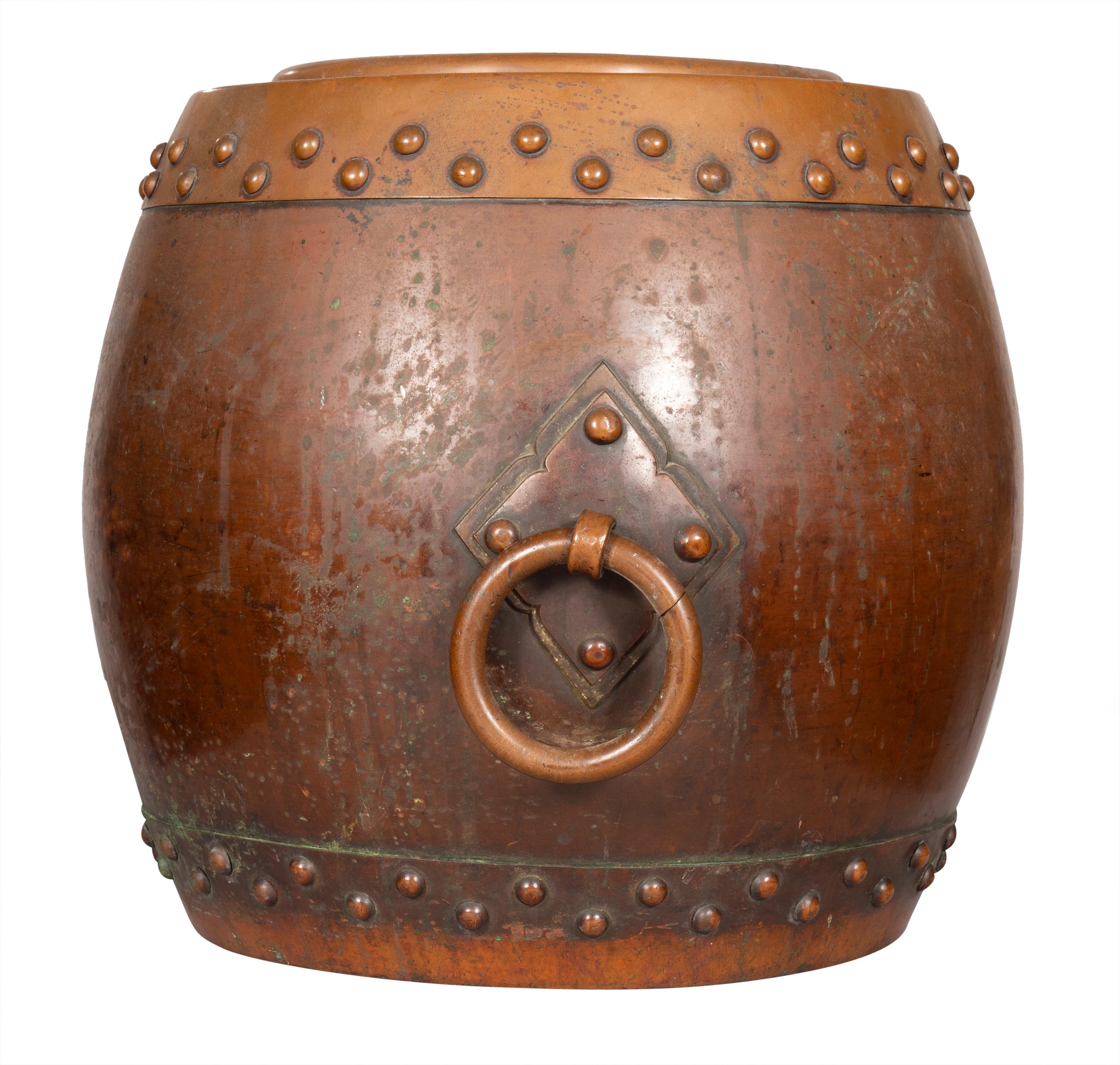 Chinese Copper And Bronze Barrel Form Planter In Good Condition For Sale In Essex, MA