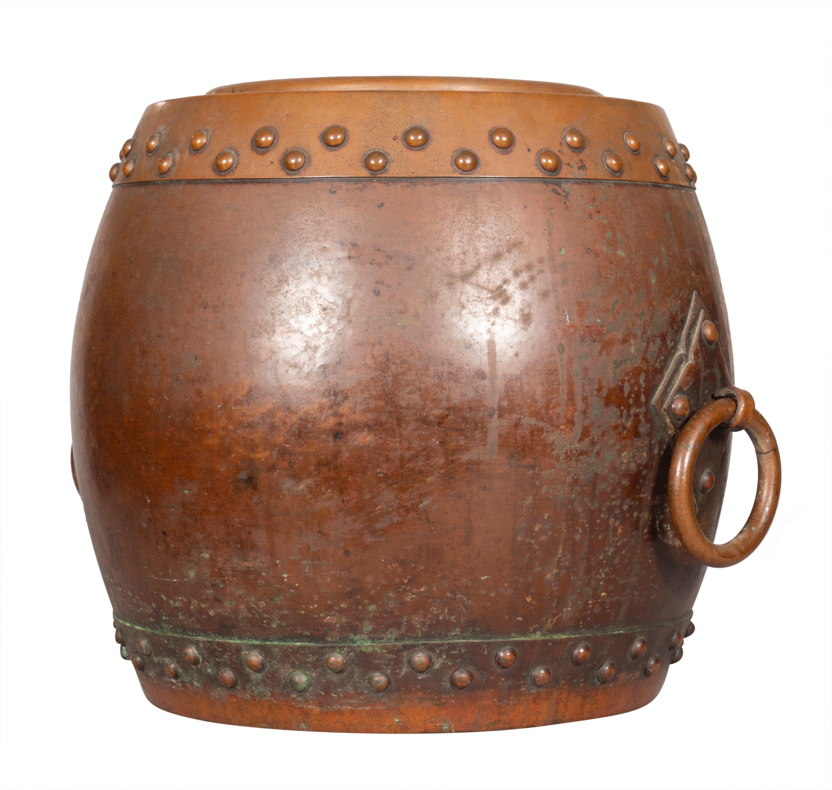 19th Century Chinese Copper And Bronze Barrel Form Planter For Sale