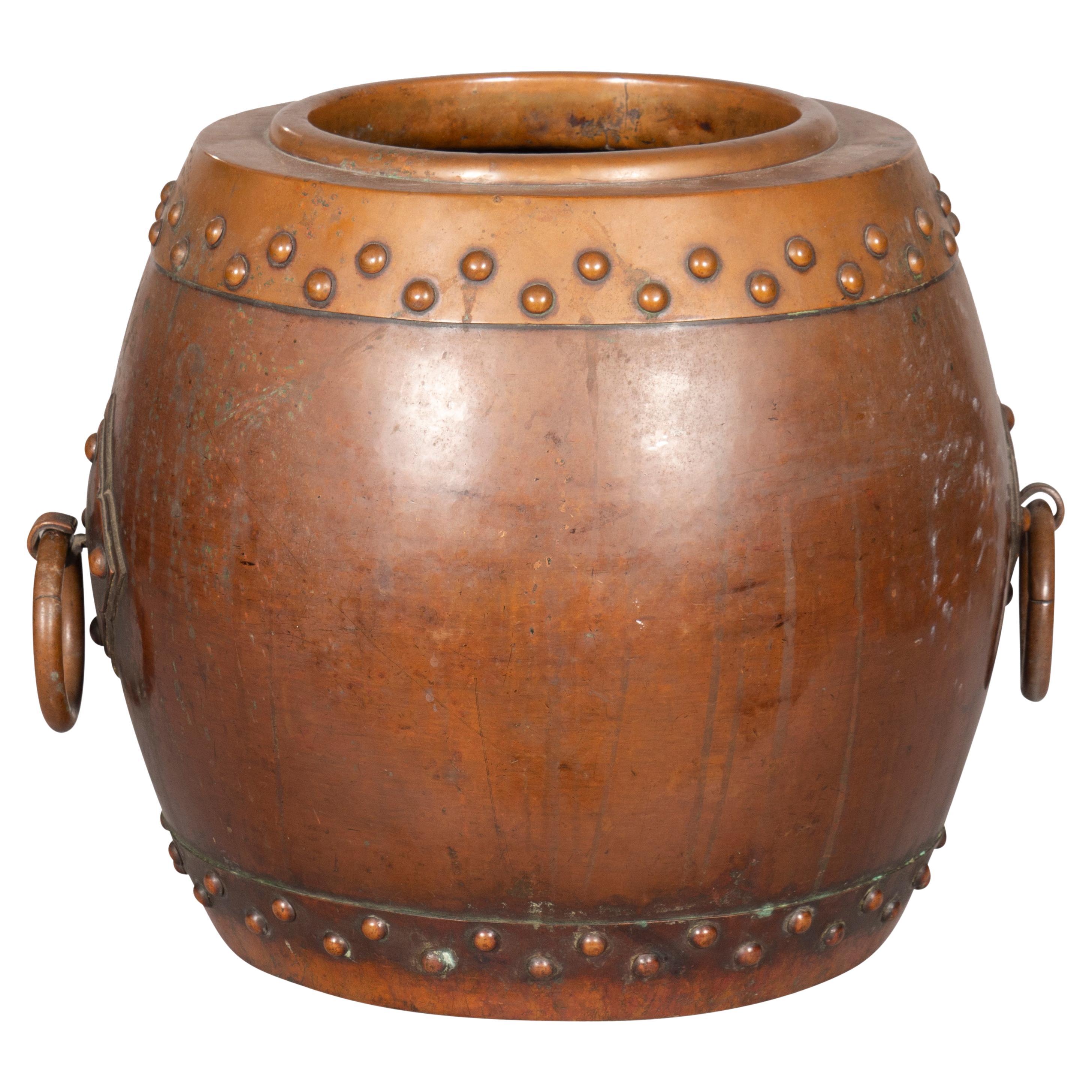 Chinese Copper And Bronze Barrel Form Planter For Sale