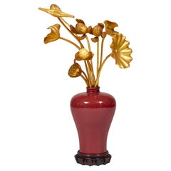 Chinese Copper Red Glazed Porcelain Meiping with Gilt wood Flowers