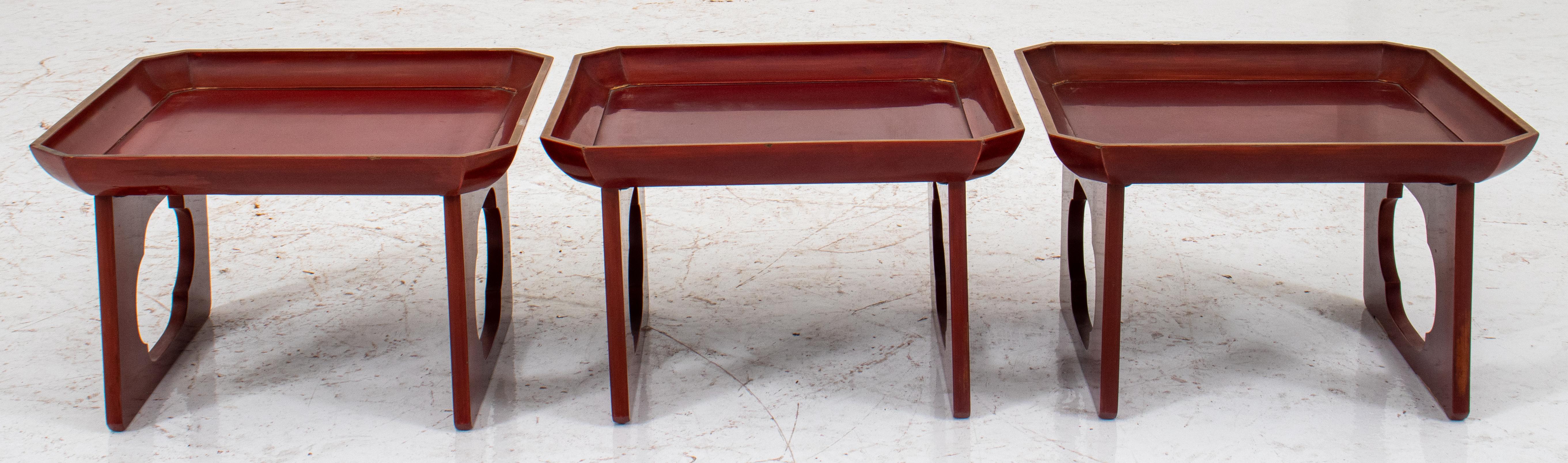 Chinese Copper Red Lacquer Stacking Tables, 3 For Sale 1