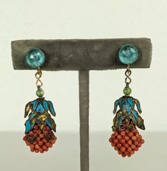 Chinese Coral and Kingfisher Feather Deco Drop Earrings