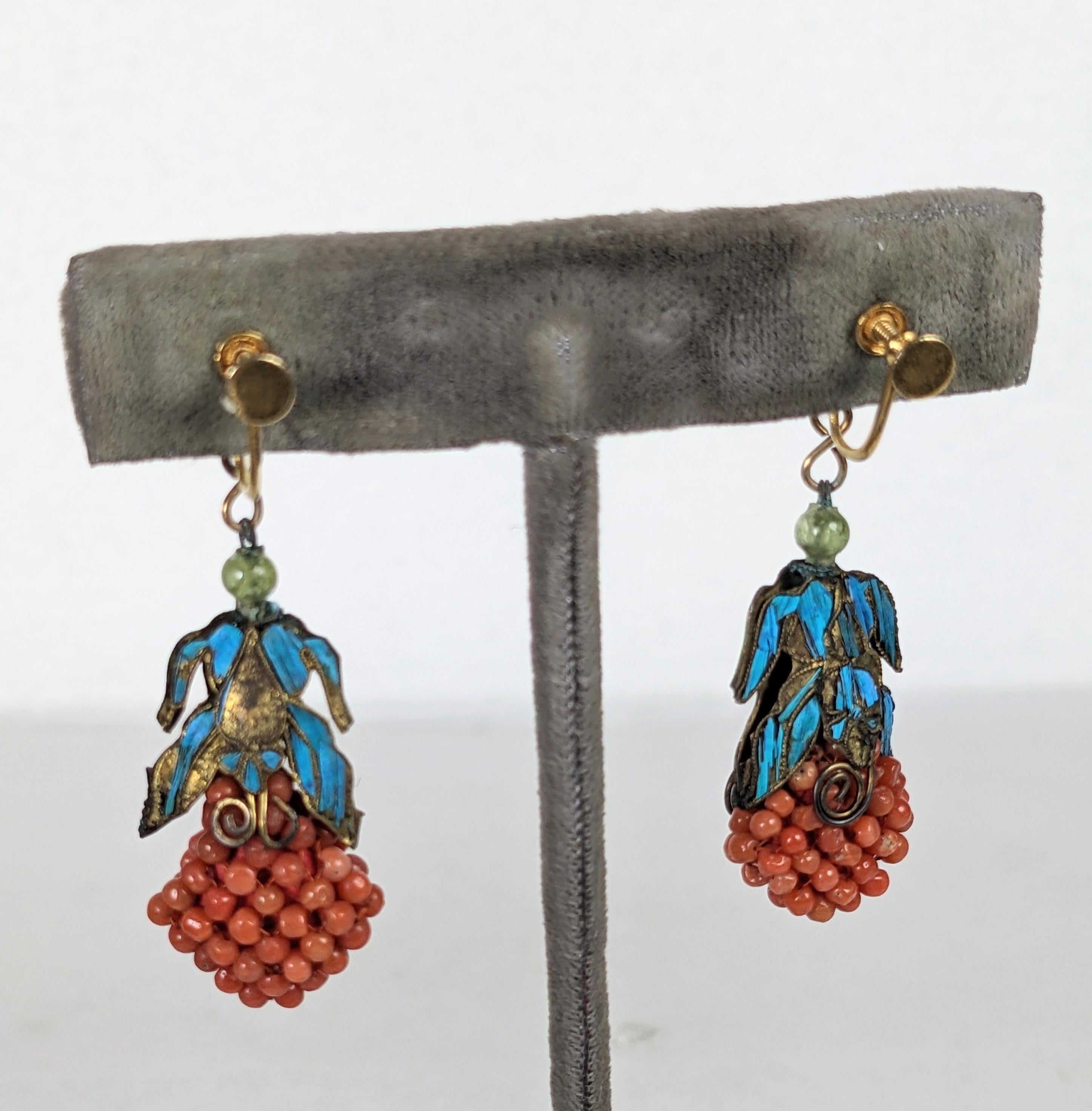 Art Deco Chinese Coral and Kingfisher Feather Deco Drop Earrings For Sale
