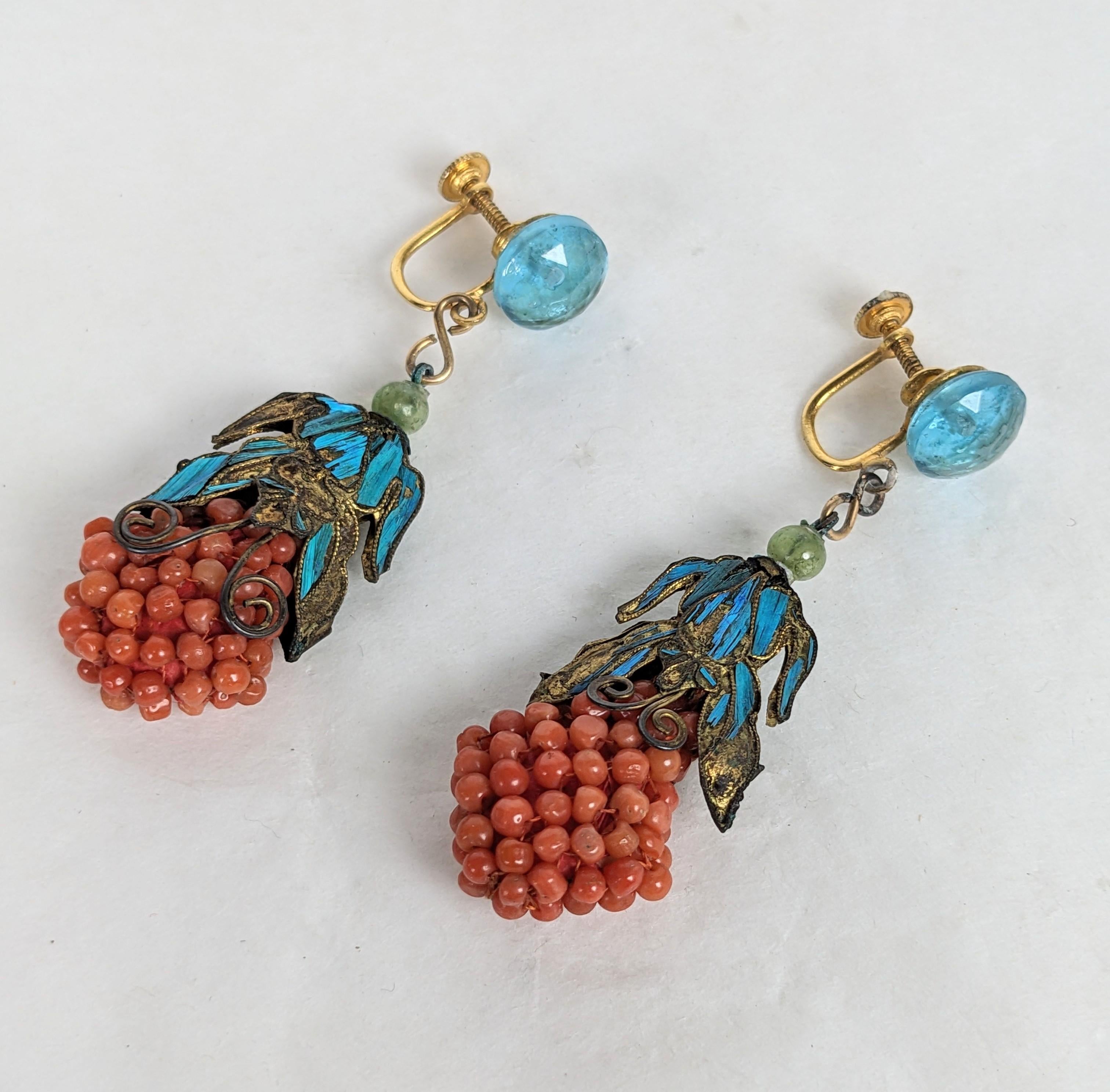 Bead Chinese Coral and Kingfisher Feather Deco Drop Earrings For Sale