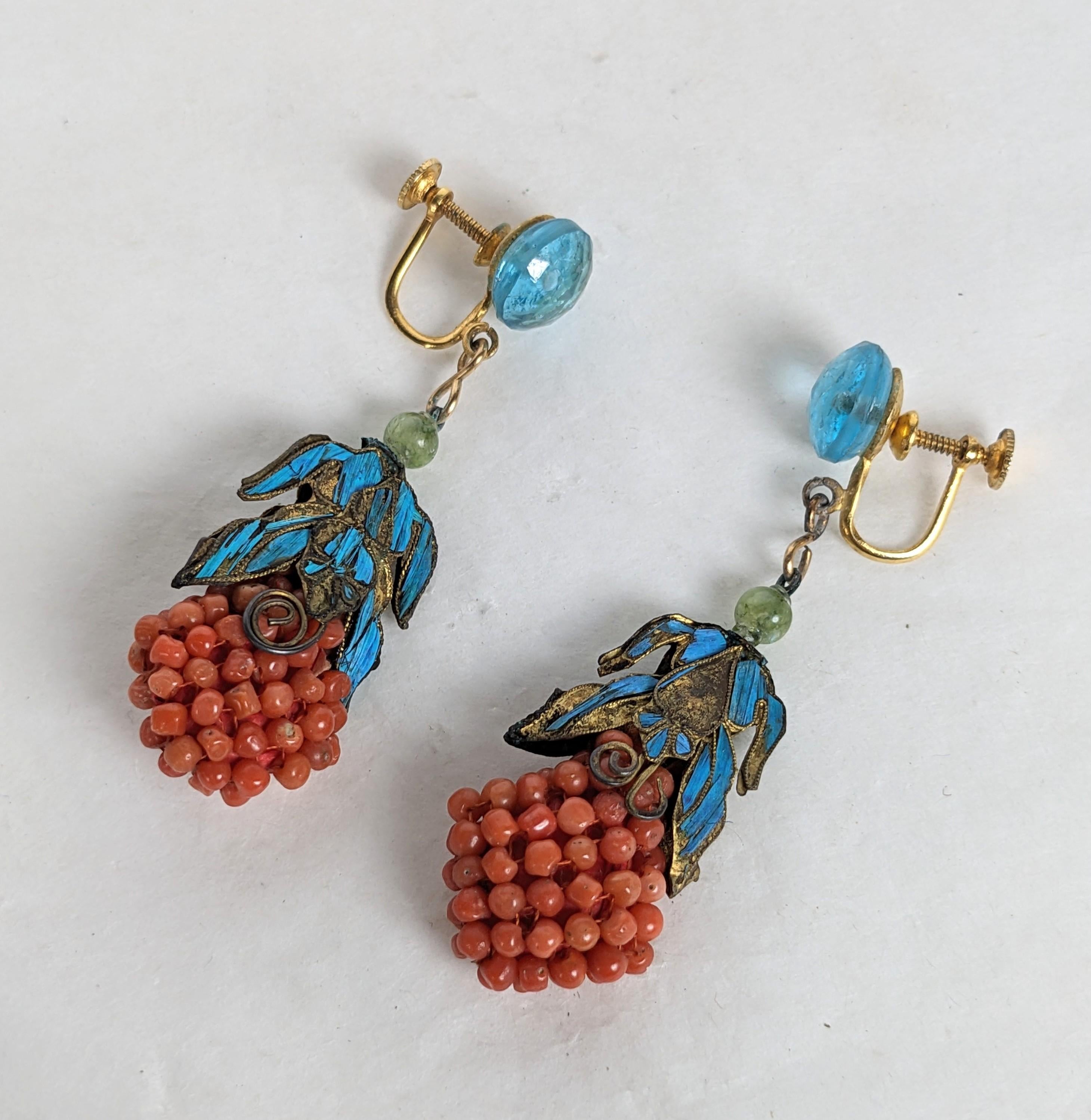 Chinese Coral and Kingfisher Feather Deco Drop Earrings In Good Condition For Sale In New York, NY