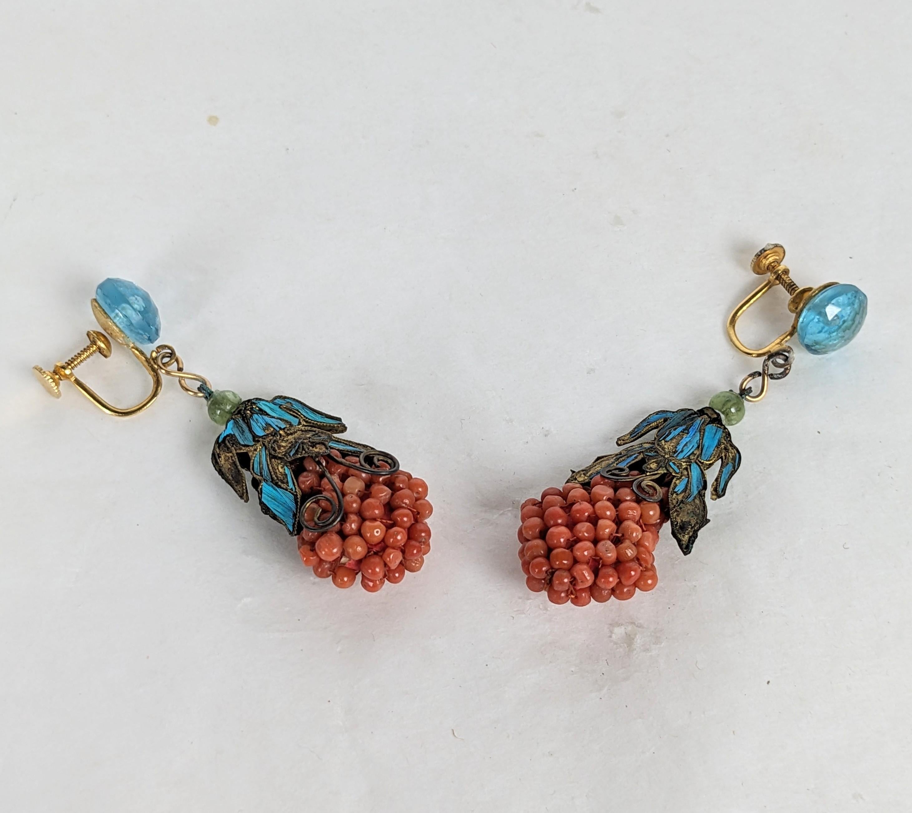 Art Deco Chinese Coral and Kingfisher Feather Deco Drop Earrings For Sale