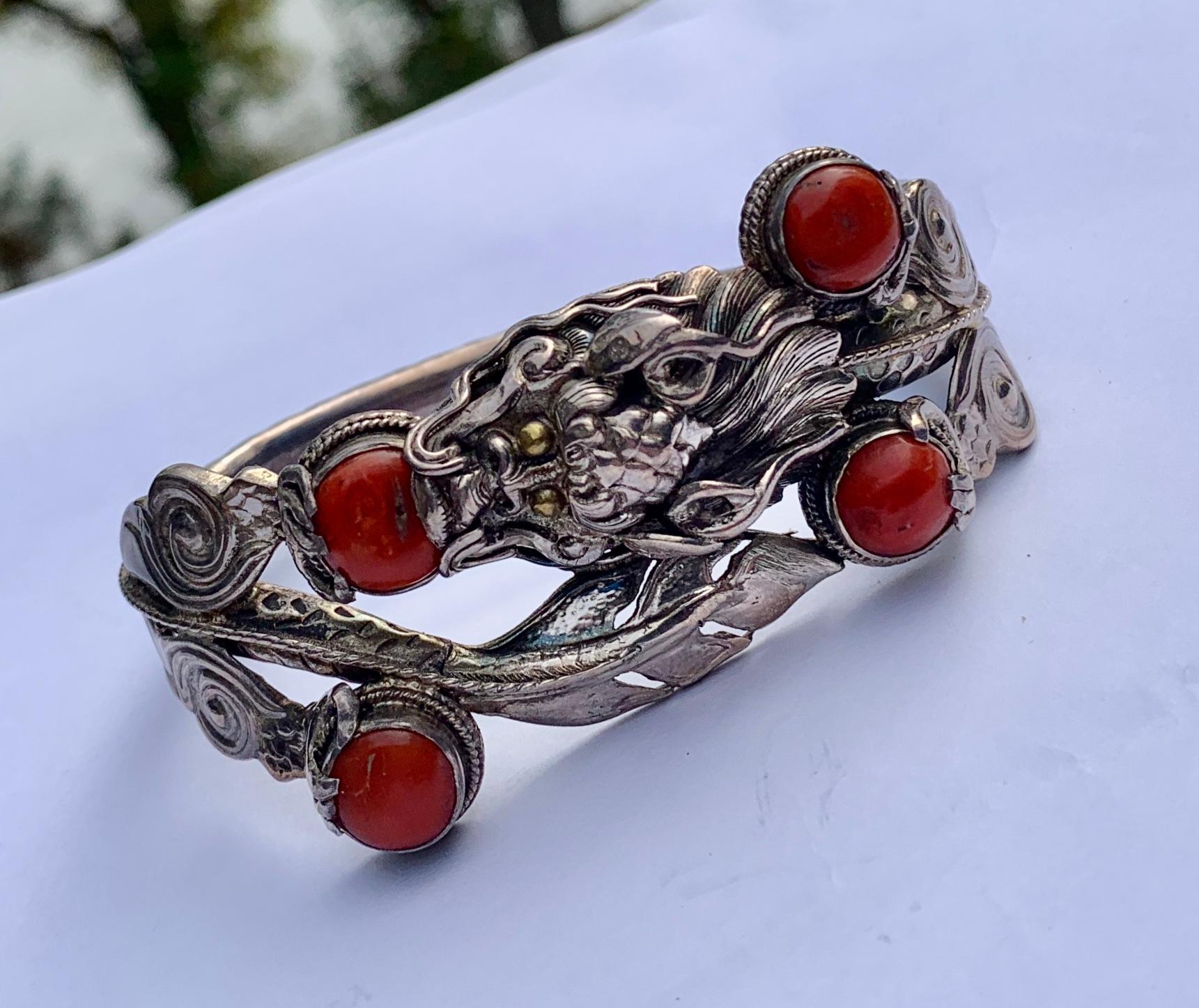 Chinese Coral Dragon Bracelet Sterling Silver For Sale 2