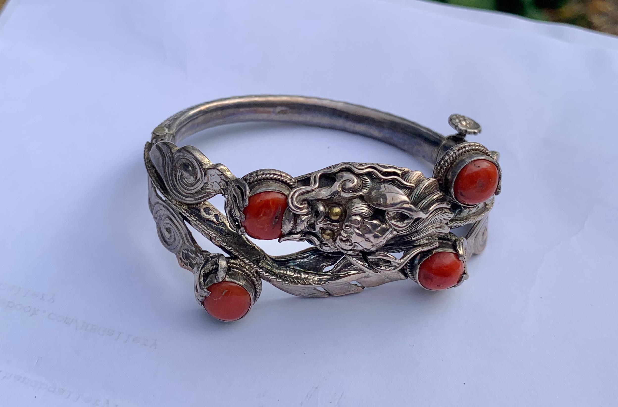 Chinese Coral Dragon Bracelet Sterling Silver For Sale 3