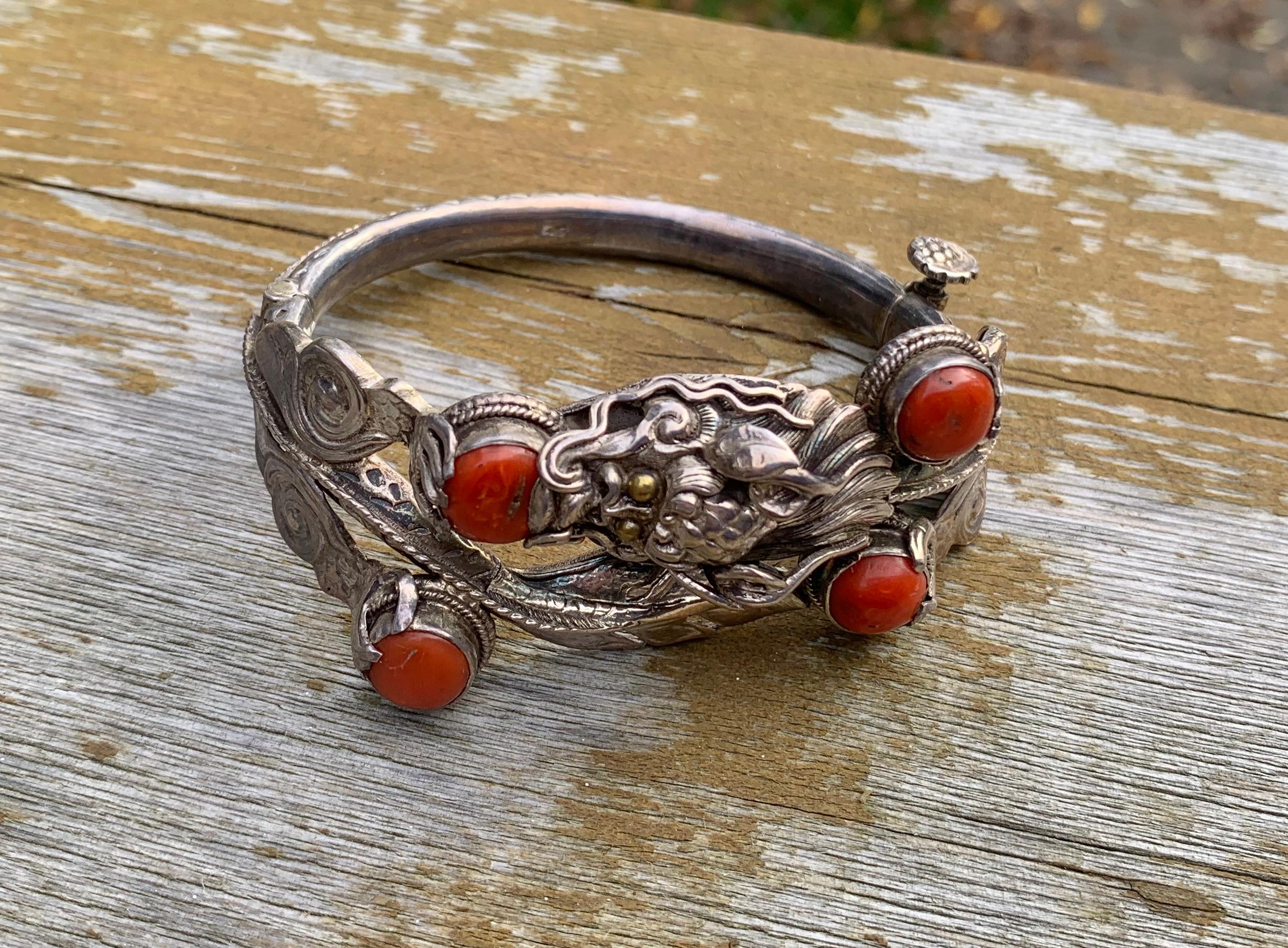 Chinese Coral Dragon Bracelet Sterling Silver For Sale 4