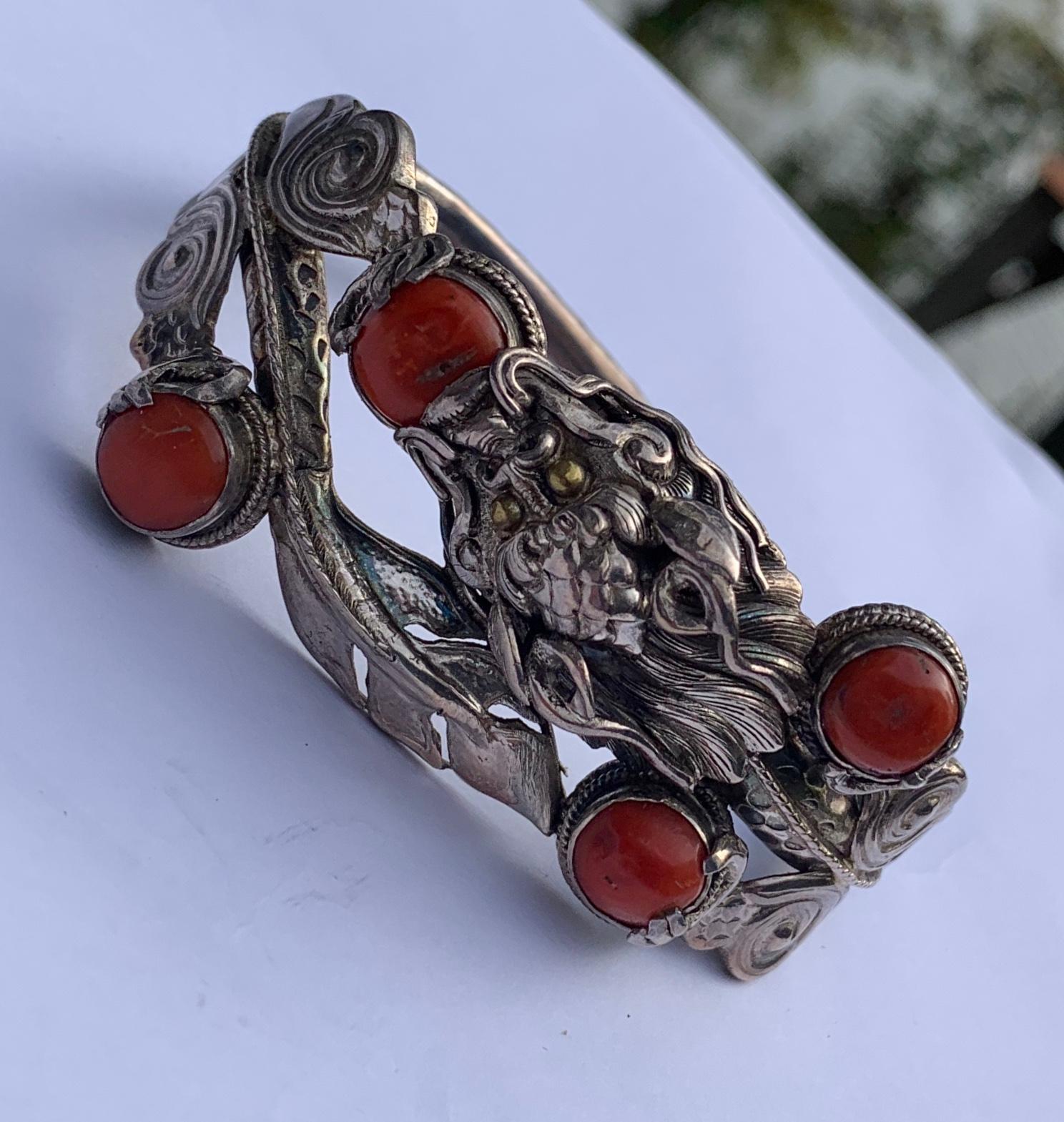 Anglo-Indian Chinese Coral Dragon Bracelet Sterling Silver For Sale