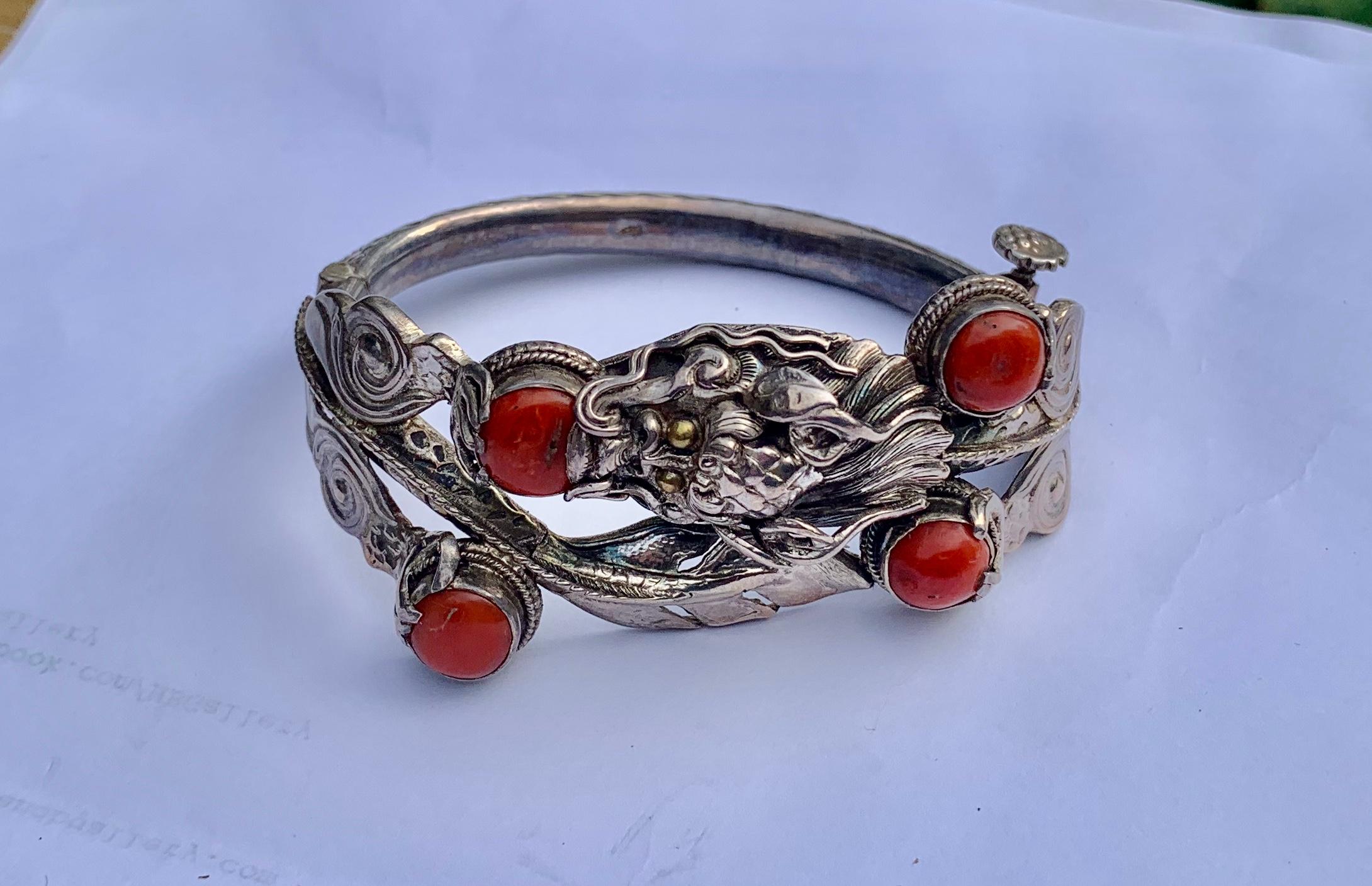 Cabochon Chinese Coral Dragon Bracelet Sterling Silver For Sale