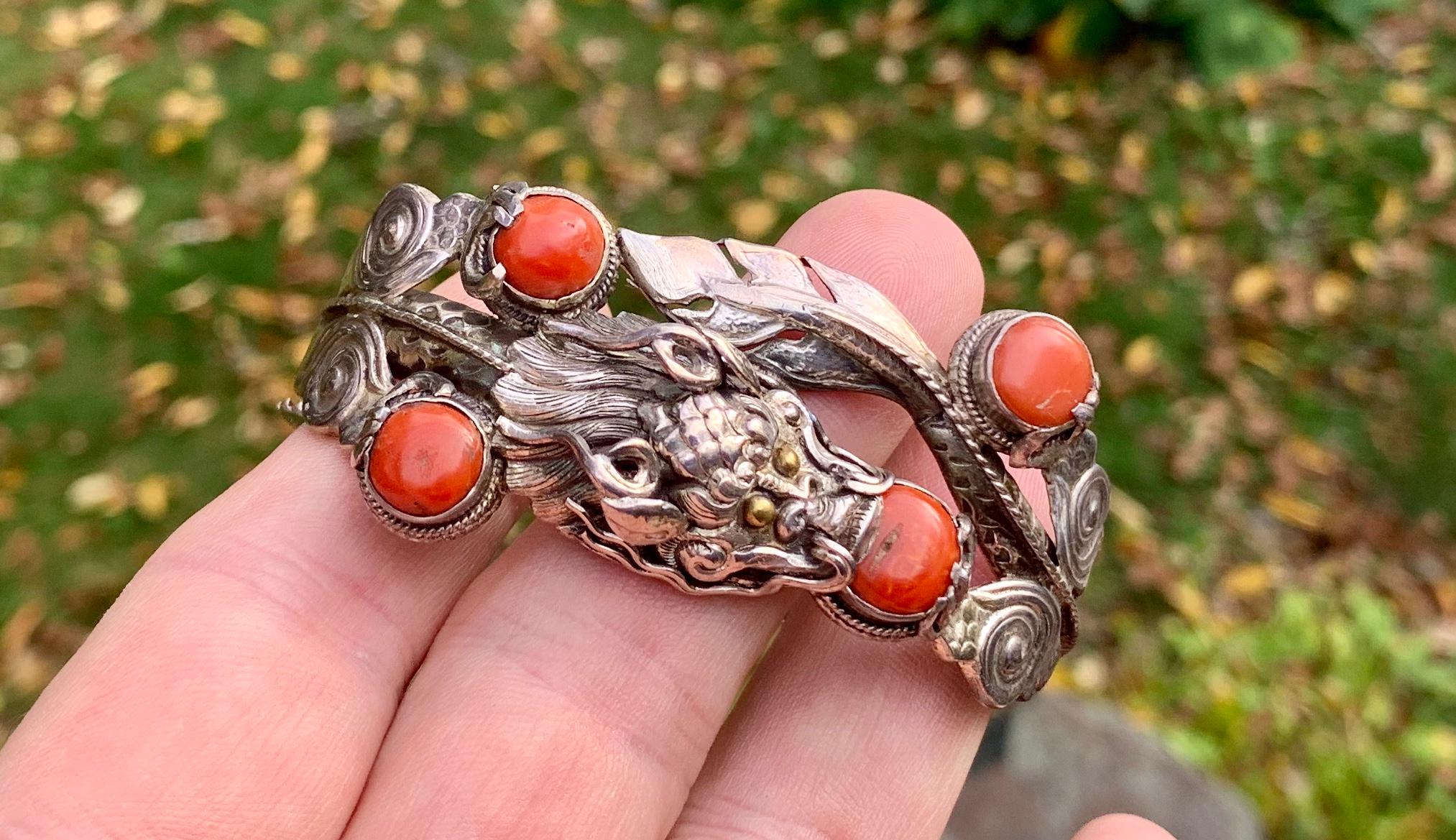 Women's or Men's Chinese Coral Dragon Bracelet Sterling Silver For Sale
