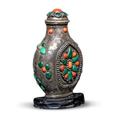 Chinese Coral & Malachite Inlaid Brass Snuff Bottle, c. 1850