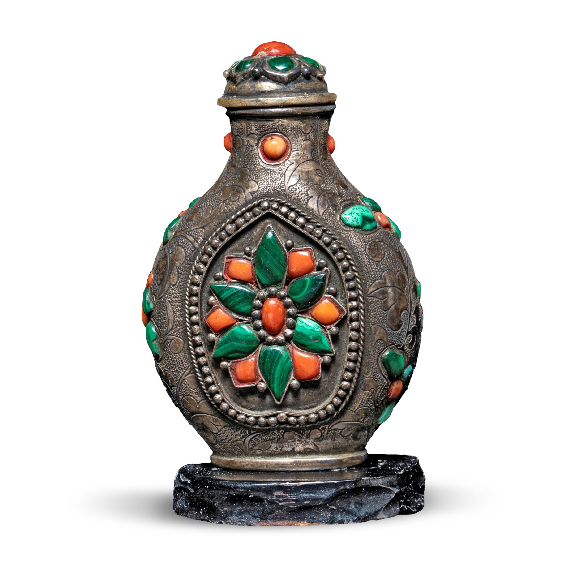 Inlay Chinese Coral & Malachite Inlaid Brass Snuff Bottle, c. 1850 For Sale