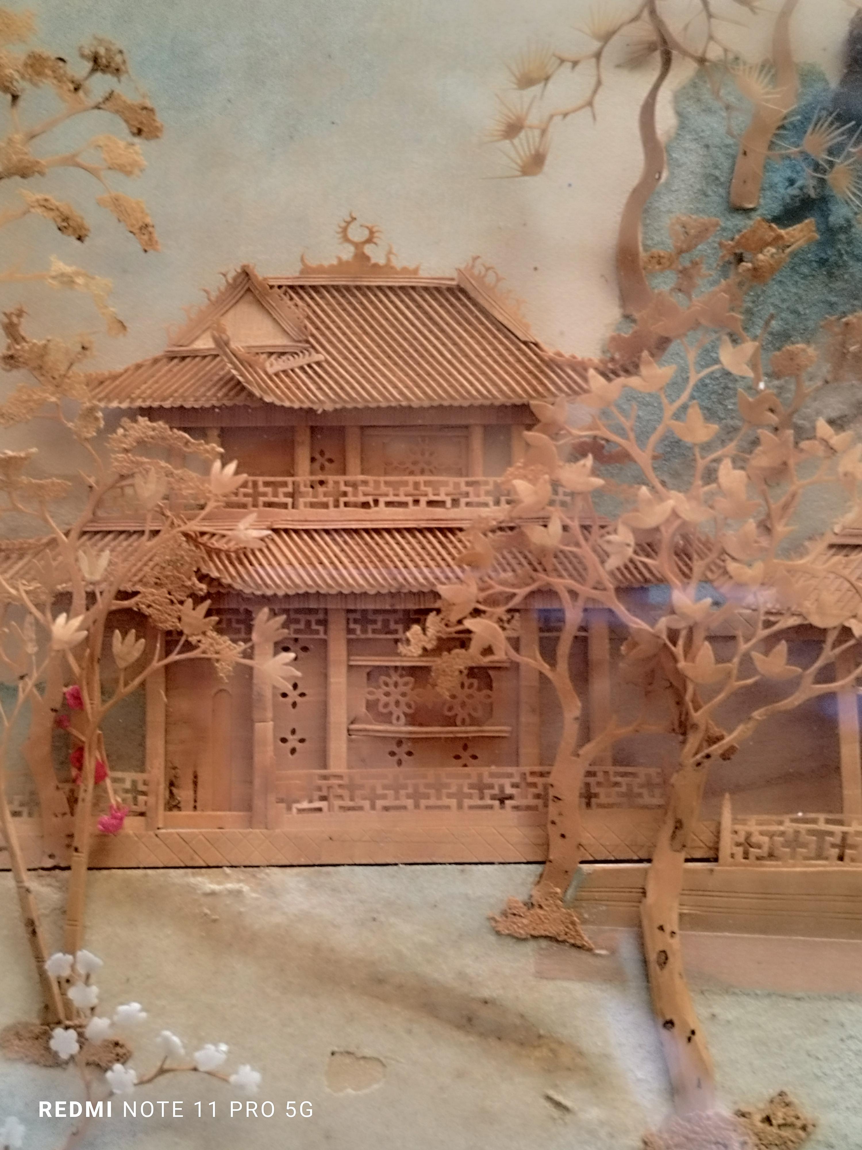 Beautiful carved wood and cork diorama depicting a Chinese Asian garden. Very good quality and condition.