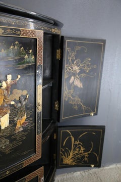Chinese Corner Cabinet in Black Lacquer and Dyed Soapstone