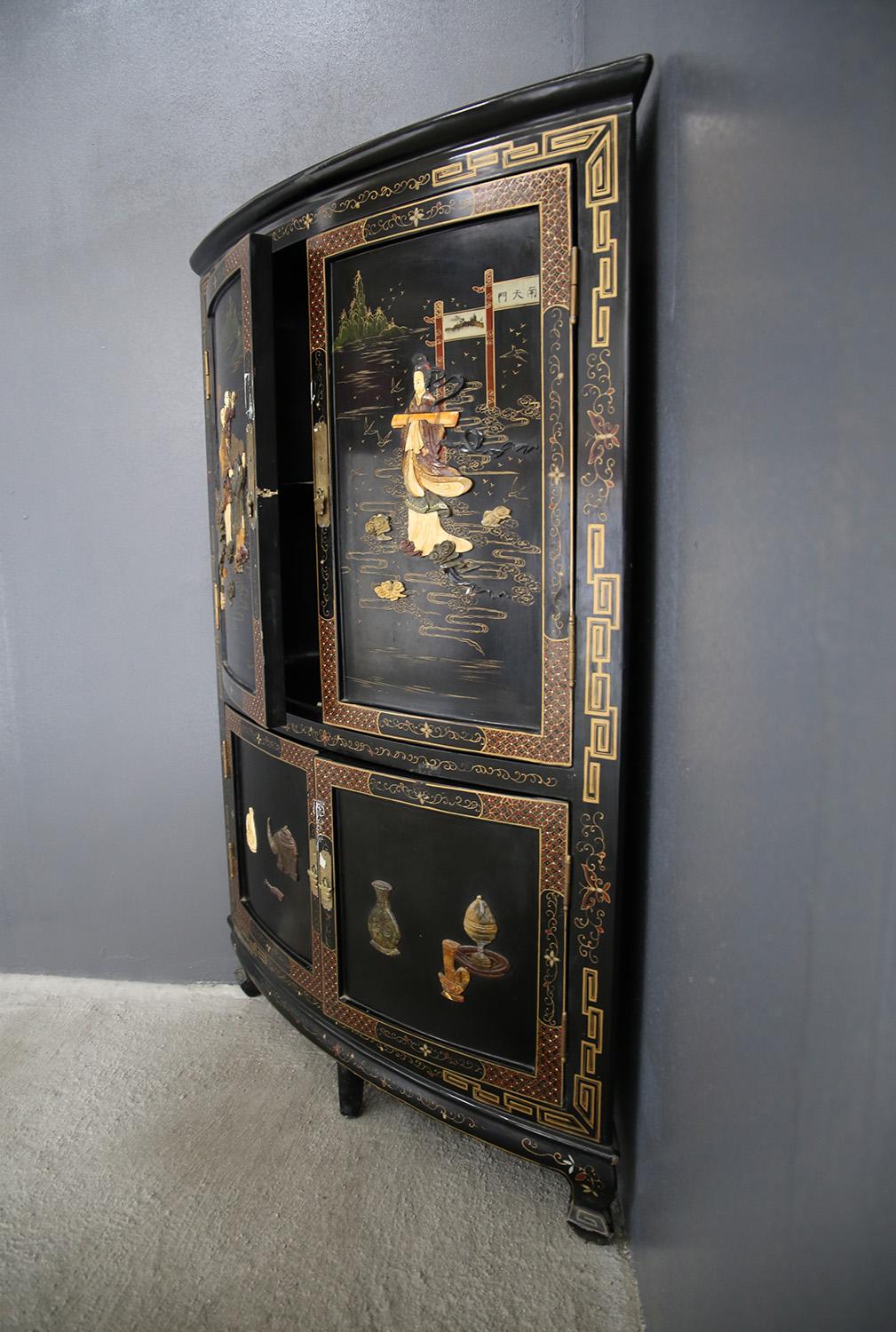 Hand-Painted Chinese Corner Cabinet in Black Lacquer and Dyed Soapstone