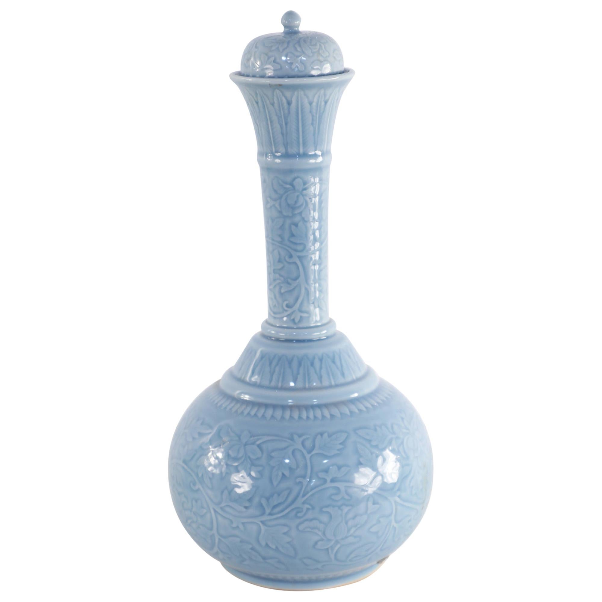 Chinese Cornflower Blue Lidded Porcelain Vase