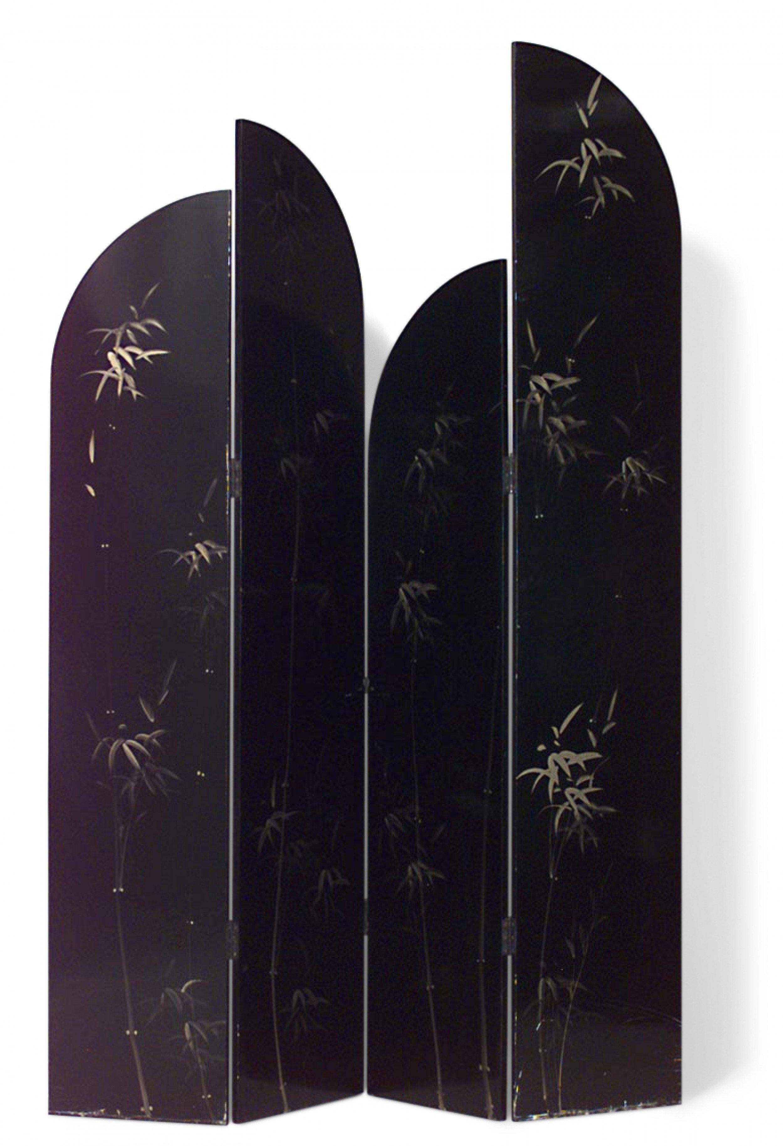 Asian Chinese style (20th Century) black coromandel 4 fold screen with heron design and 4 graduated tier panels.