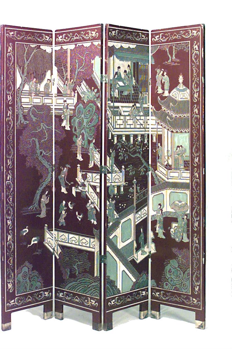 2 Asian Chinese style (20th Century) red coromandel 4 fold screens. (PRICED EACH).