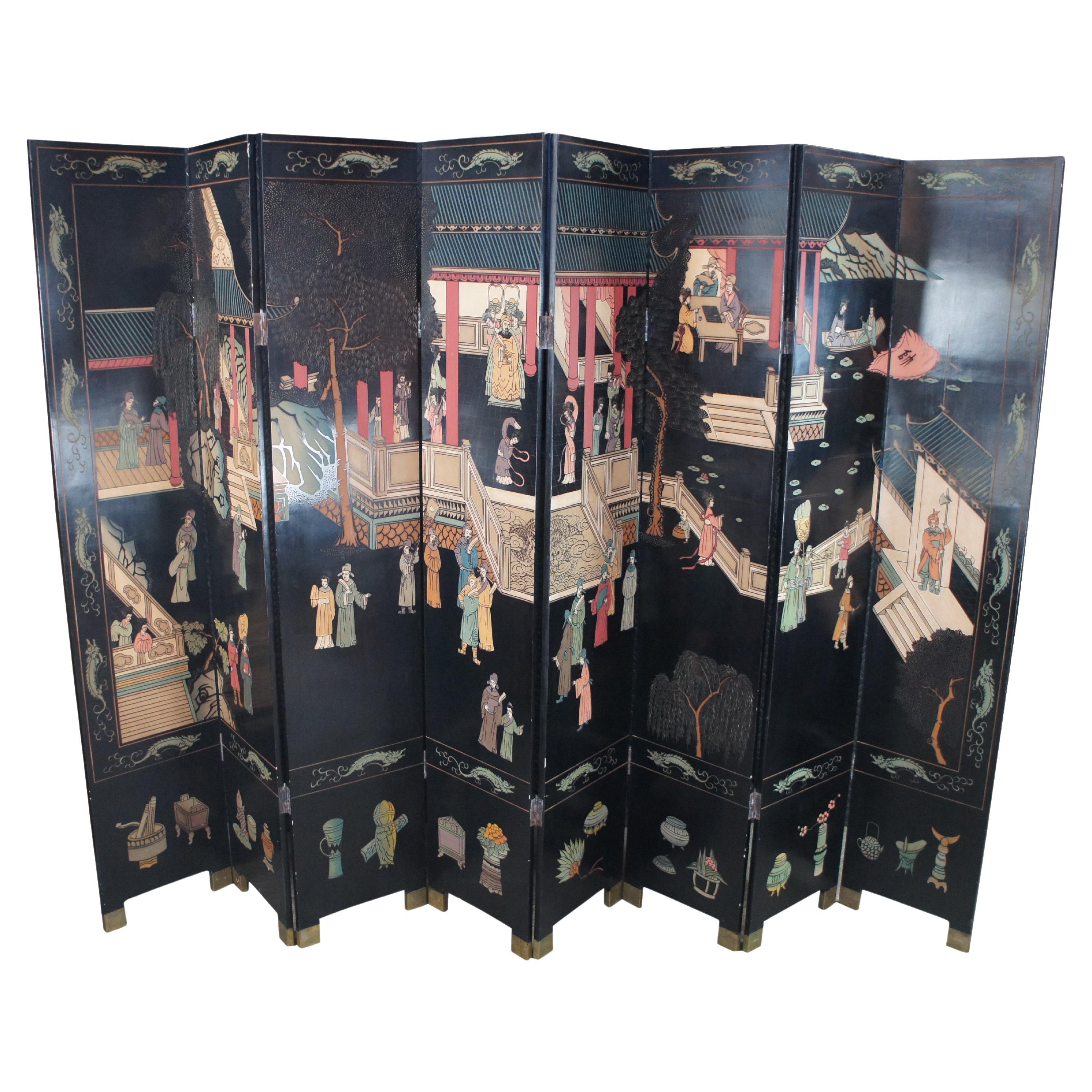 Chinese Coromandel Black Lacquer 8 Panel Folding Screen Room Divider 128"
