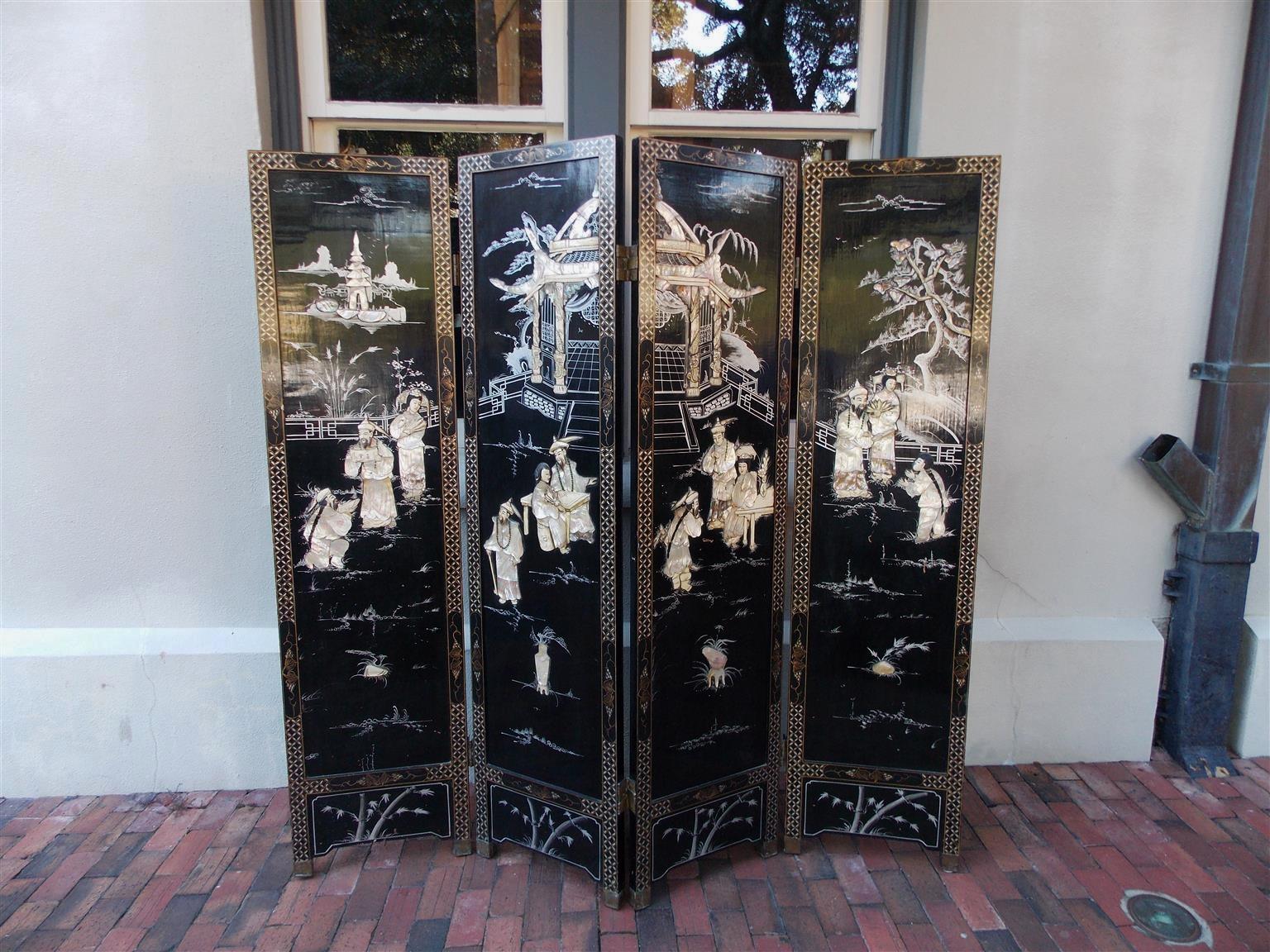 Chinese Coromandel figural black lacquer, soap stone, mother-of-pearl, and bone four-panel screen depicting pagoda and landscape scenes, decorative painted and gilt upper border panels, painted and gilt floral lower border panels, and reverse side