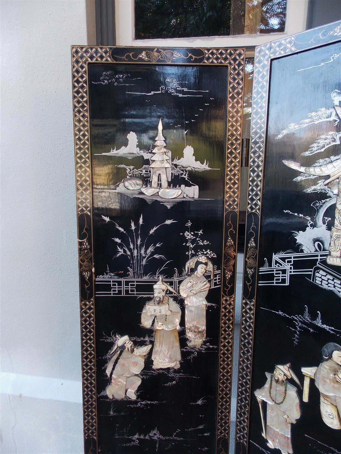 Chinoiserie Chinese Coromandel Black Lacquer Figural & Landscape Bone Screen, Late 19th Cent