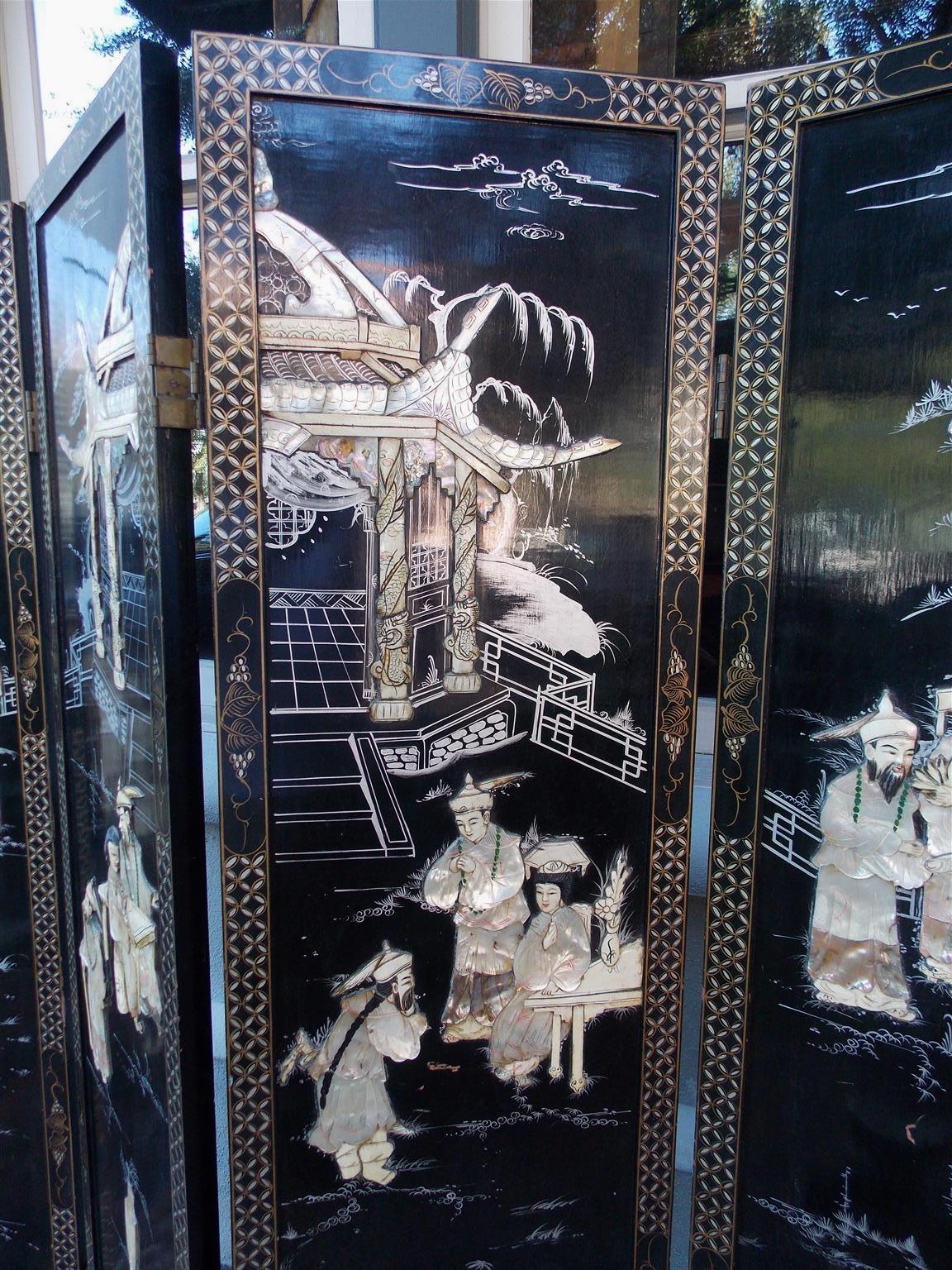Chinese Coromandel Black Lacquer Figural & Landscape Bone Screen, Late 19th Cent In Excellent Condition In Hollywood, SC