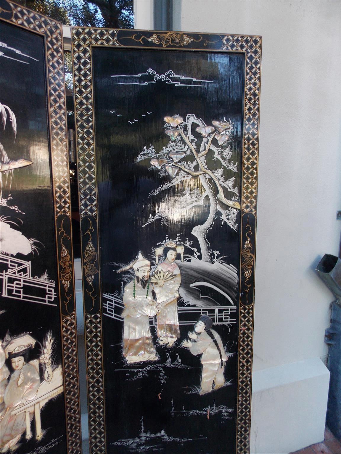 19th Century Chinese Coromandel Black Lacquer Figural & Landscape Bone Screen, Late 19th Cent