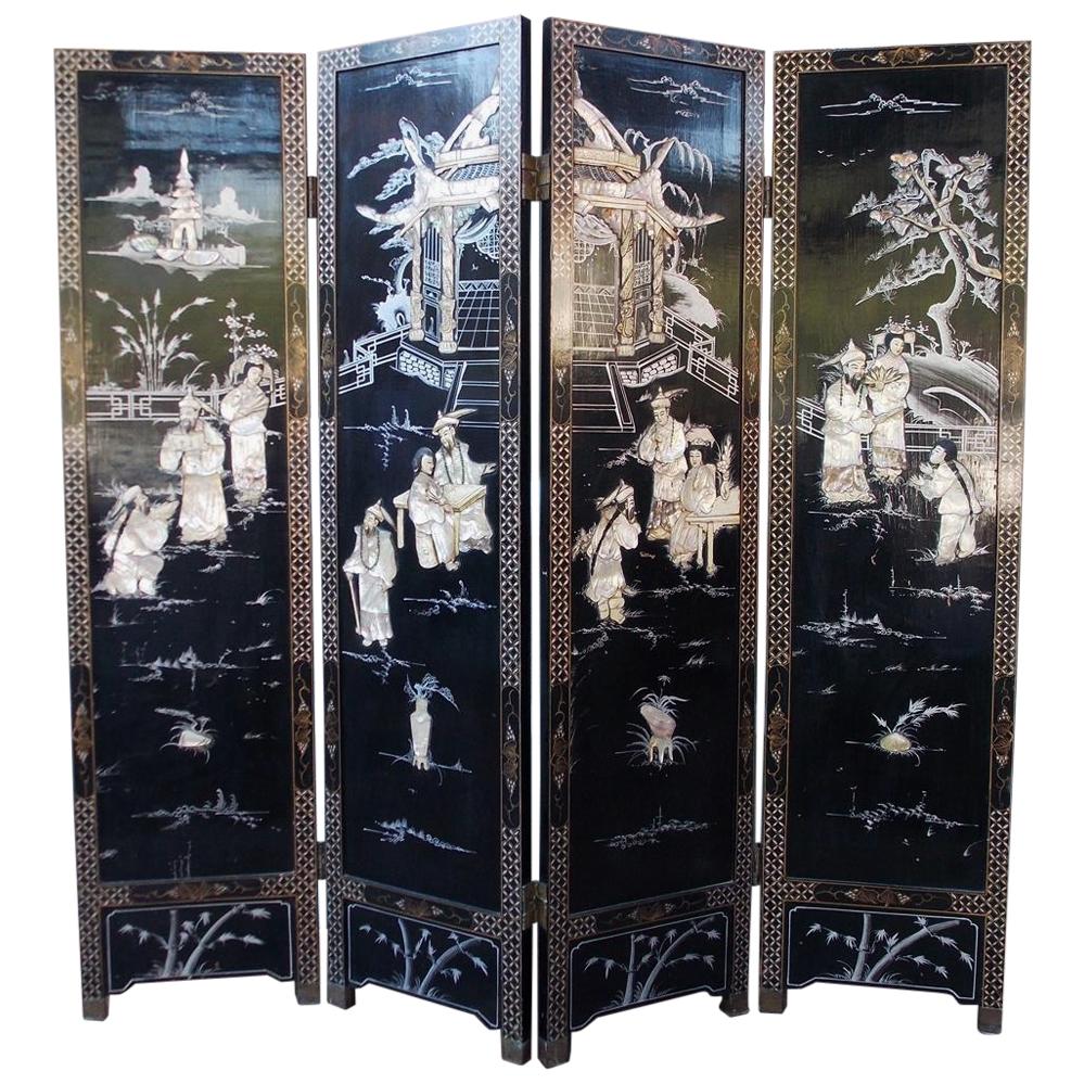 Chinese Coromandel Black Lacquer Figural & Landscape Bone Screen, Late 19th Cent