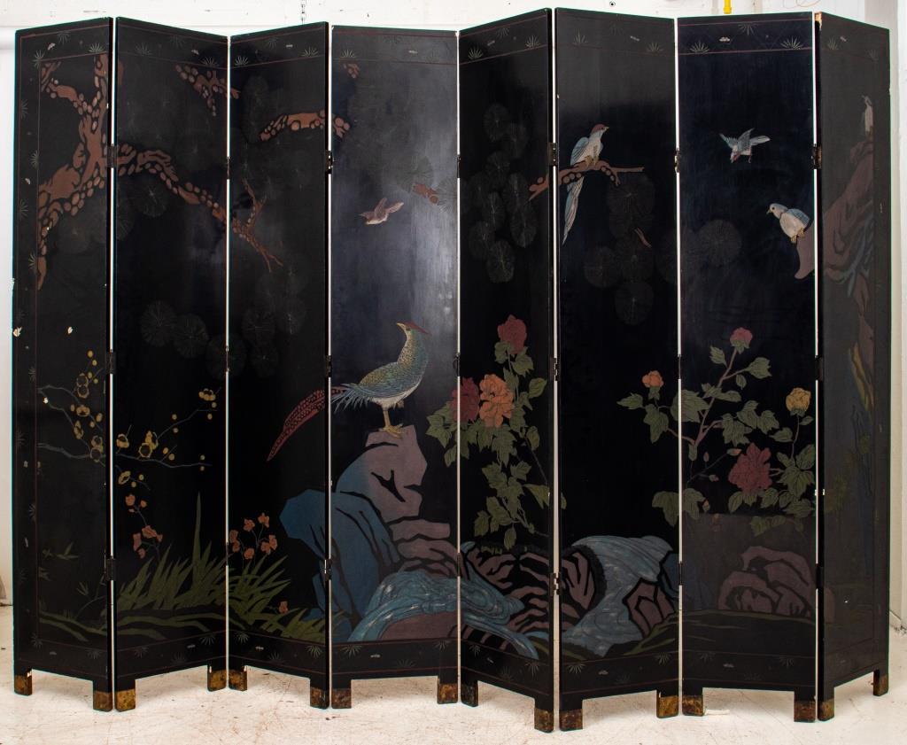 Chinese coromandel two-sided eight (8) panel screen, one side depicting parcel gilded court scenes, the reverse with a landscape.  96