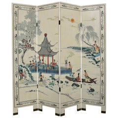 Chinese Coromandel Four Panel Screen Room Divider Landscape