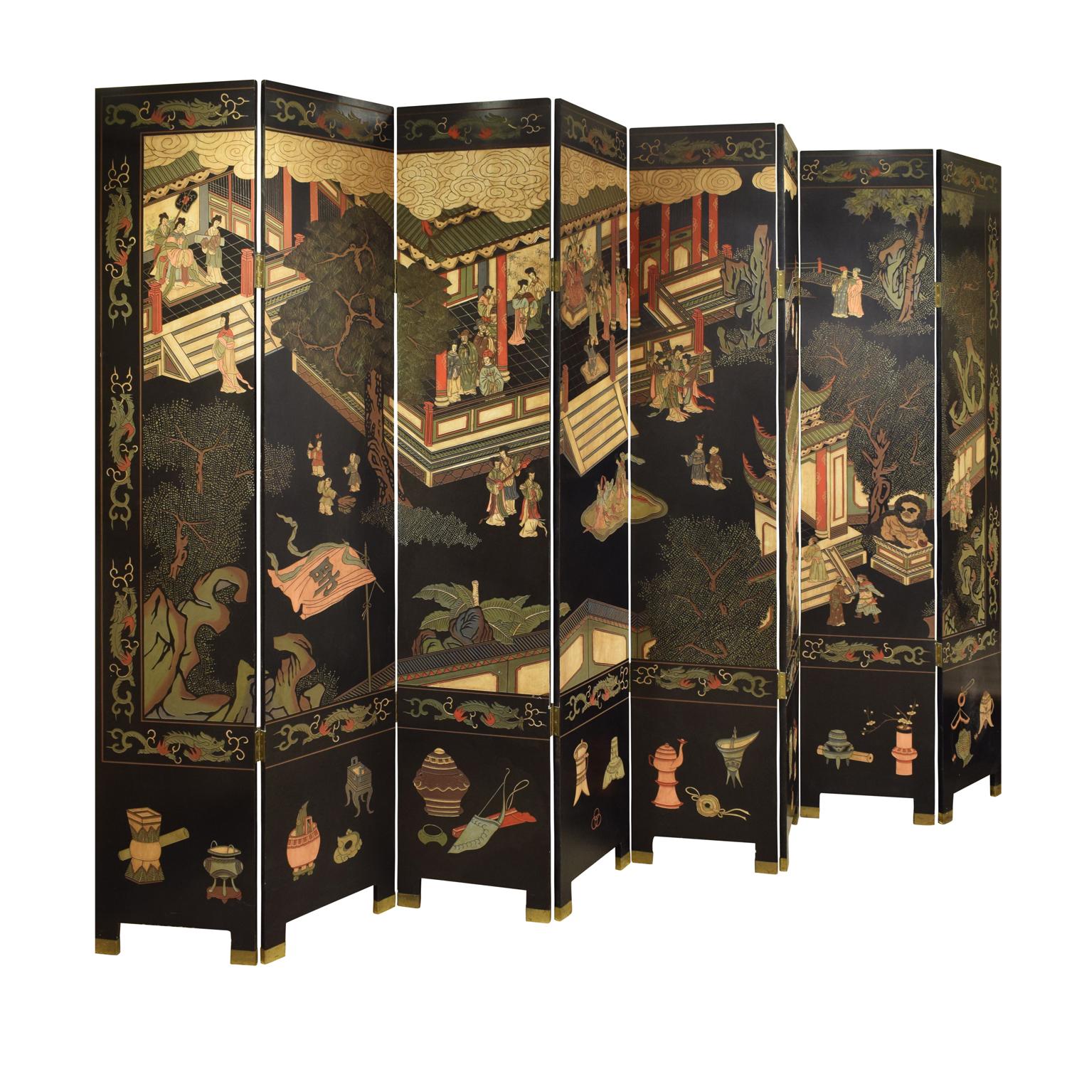 8-panel hand carved Chinese Coromandel lacquered screen with the depiction of a joyous ceremony, 19th century, China. Brass sabots on legs.