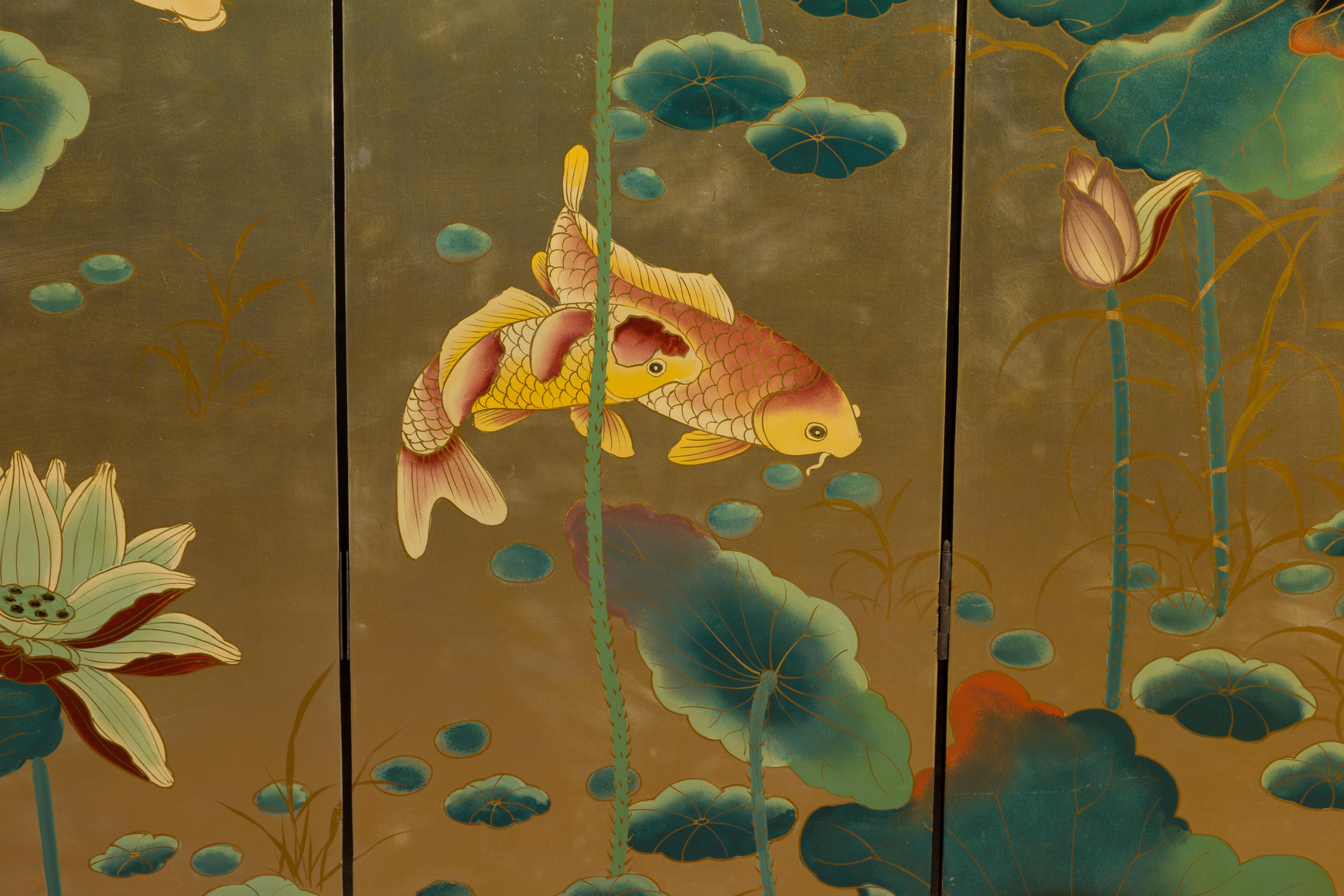 Chinese Antique Gold Leaf Koi Fish Floor Screen 5